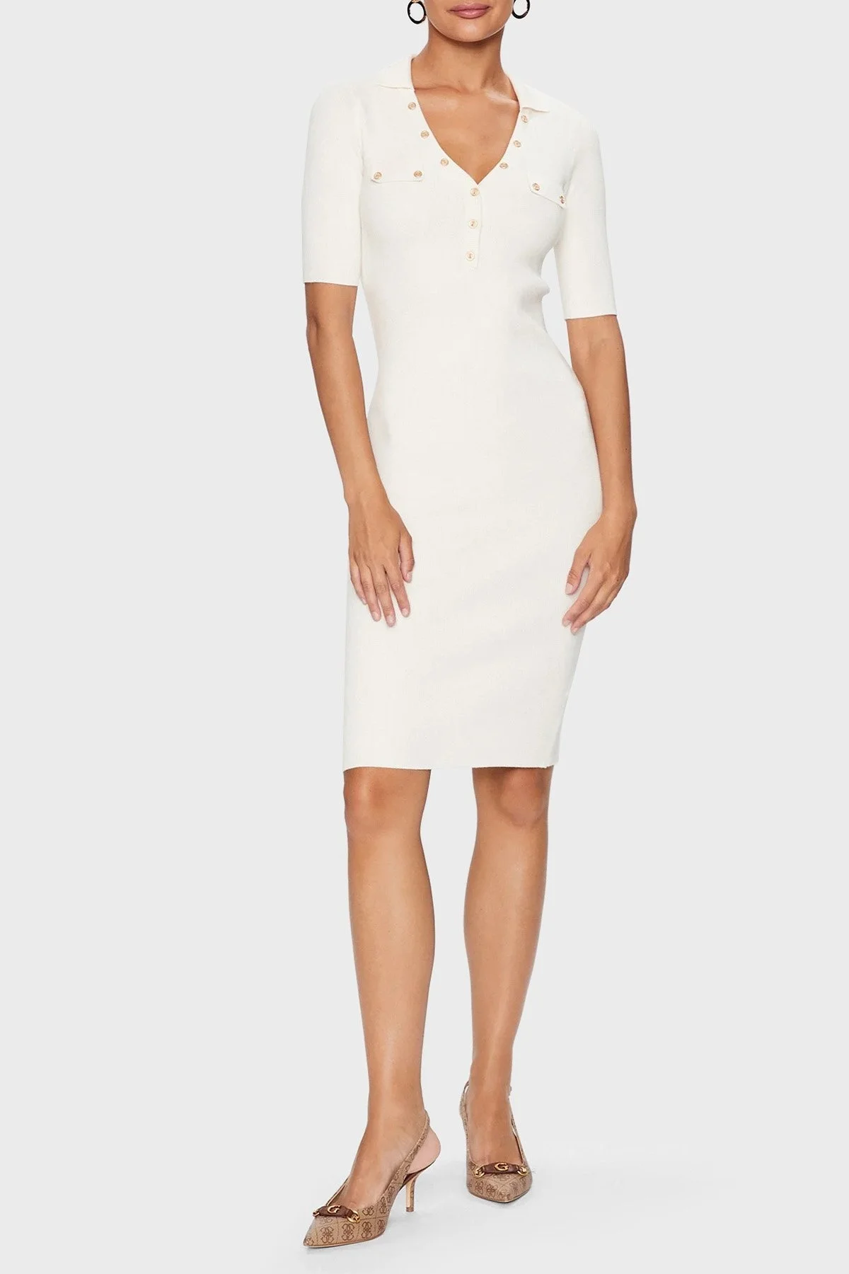 Guess Grace Regular Fit Düğmeli Yakalı Bodycon Kısa Kollu Mini Bayan Elbise W3YK45Z2YN2 G012 EKRU - 2