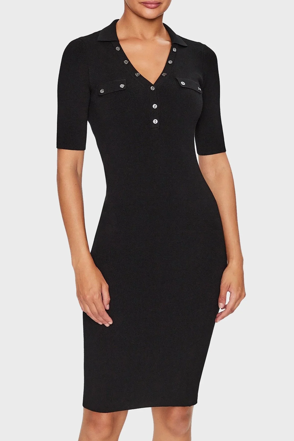 Guess Grace Regular Fit Düğmeli Yakalı Bodycon Mini Bayan Elbise W3YK45Z2YN2 JBLK SİYAH - 1