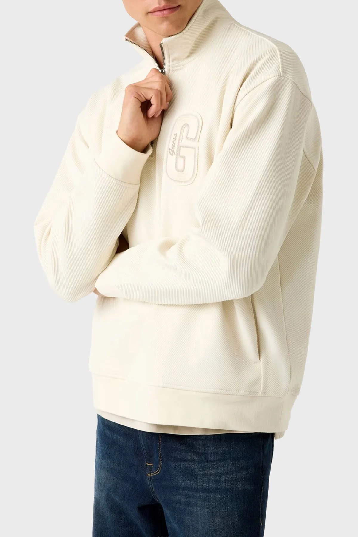 Guess Harris Logolu Regular Fit Yarım Fermuarlı Dik Yaka M5BQ18K0552 Erkek Sweat M5BQ18 K0552 G1CV EKRU - 1