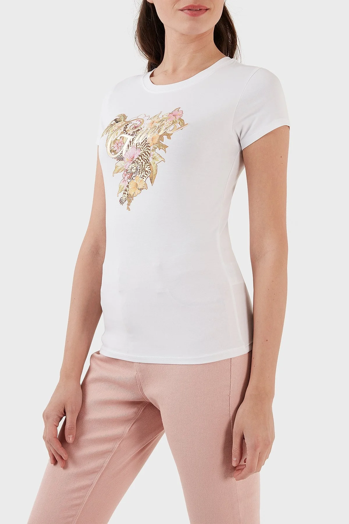Guess Hibiscus Pamuklu Baskılı Slim Fit Bisiklet Yaka Bayan T Shirt W3GI11KA0Q1 G011 BEYAZ - 2