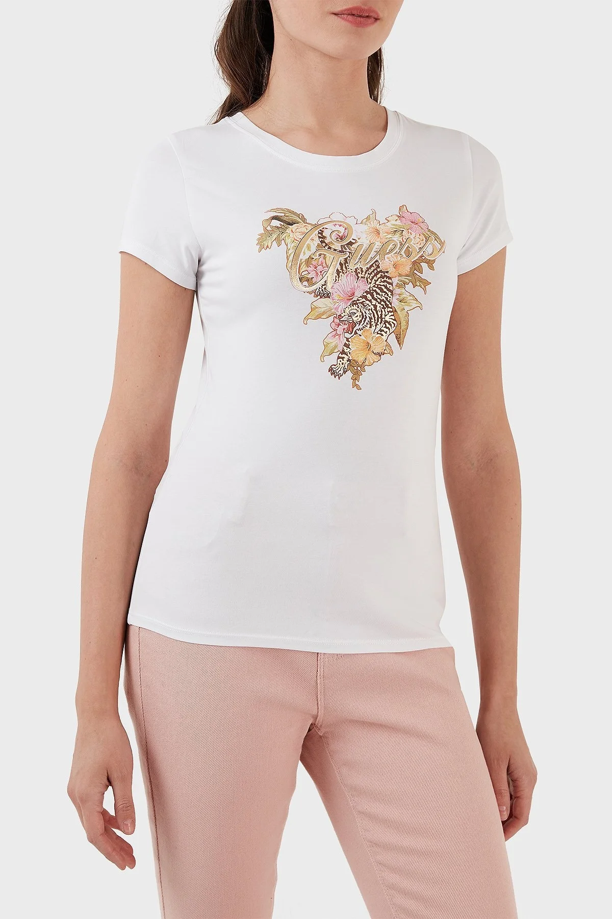 Guess Hibiscus Pamuklu Baskılı Slim Fit Bisiklet Yaka Bayan T Shirt W3GI11KA0Q1 G011 BEYAZ - 3