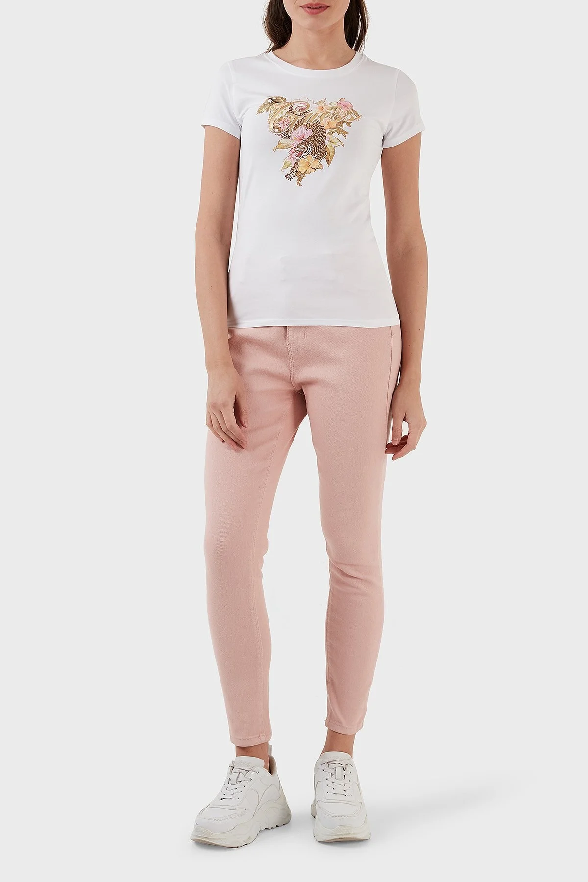 Guess Hibiscus Pamuklu Baskılı Slim Fit Bisiklet Yaka Bayan T Shirt W3GI11KA0Q1 G011 BEYAZ - 5