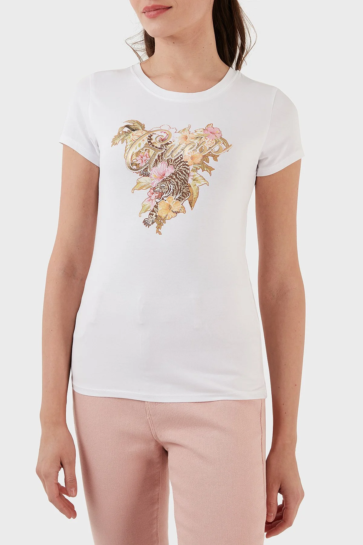 Guess Hibiscus Pamuklu Baskılı Slim Fit Bisiklet Yaka Bayan T Shirt W3GI11KA0Q1 G011 BEYAZ - 1