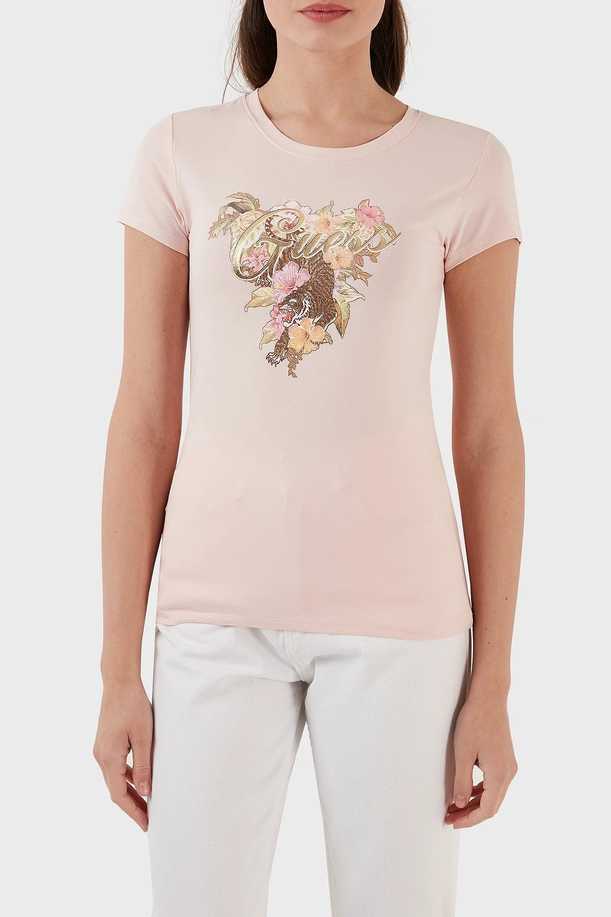Guess Hibiscus Pamuklu Baskılı Slim Fit Bisiklet Yaka Bayan T Shirt W3GI11KA0Q1 G65T PEMBE - 1
