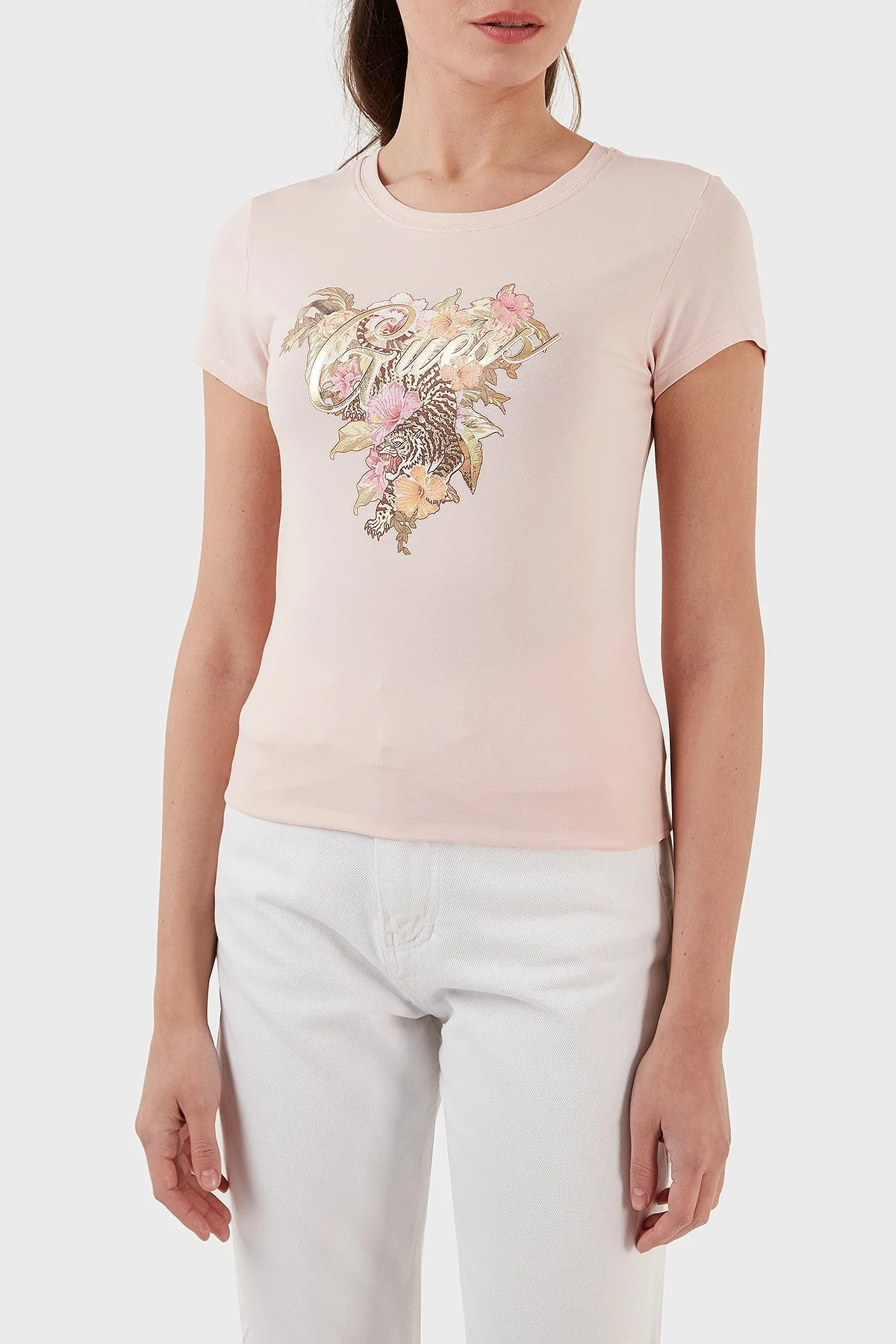 Guess Hibiscus Pamuklu Baskılı Slim Fit Bisiklet Yaka Bayan T Shirt W3GI11KA0Q1 G65T PEMBE - 4
