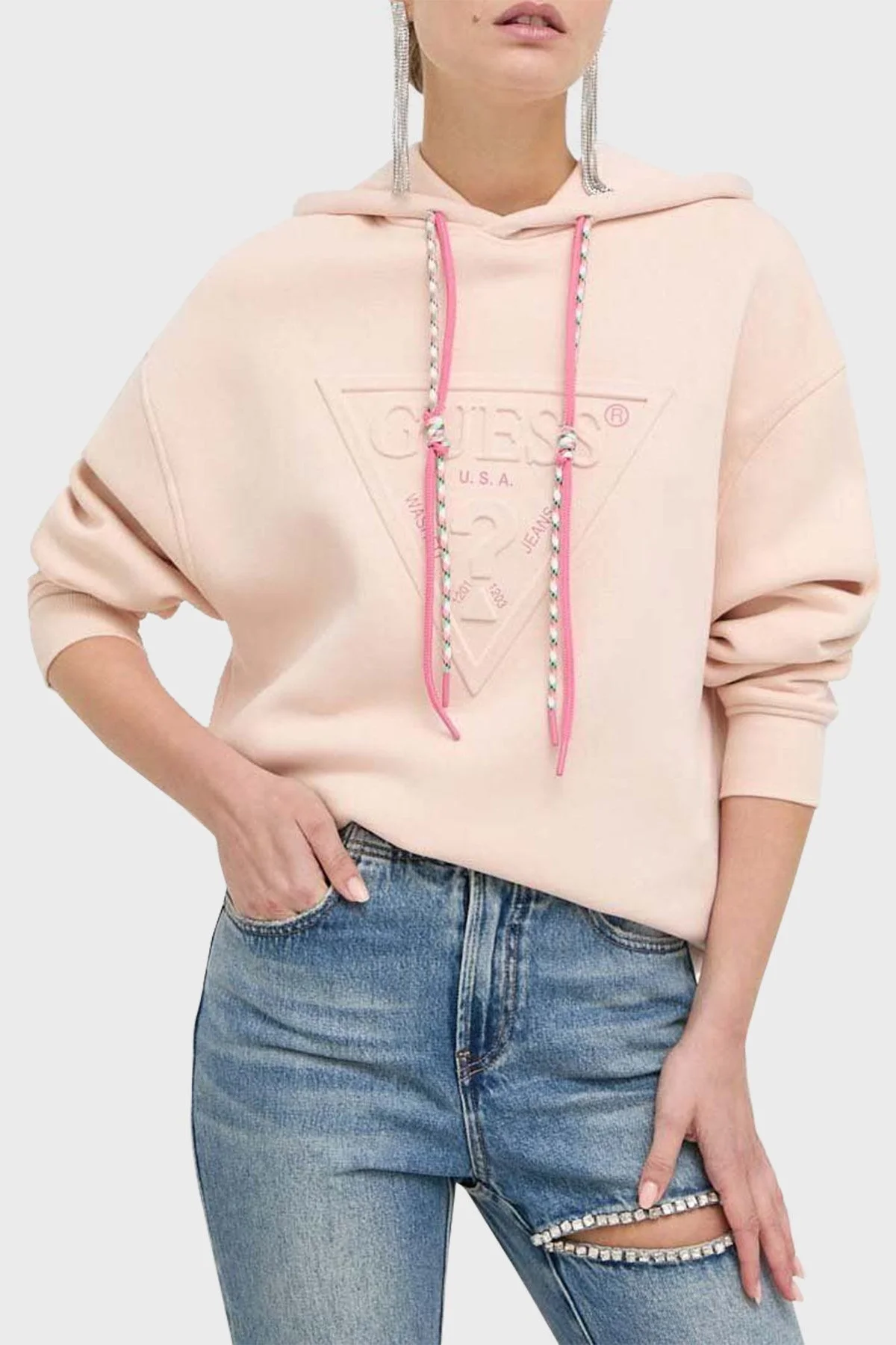 Guess Hoody Pamuklu Relaxed Fit Kapüşonlu Bayan Sweat W3YQ09K9Z21 G1K2 PUDRA - 1
