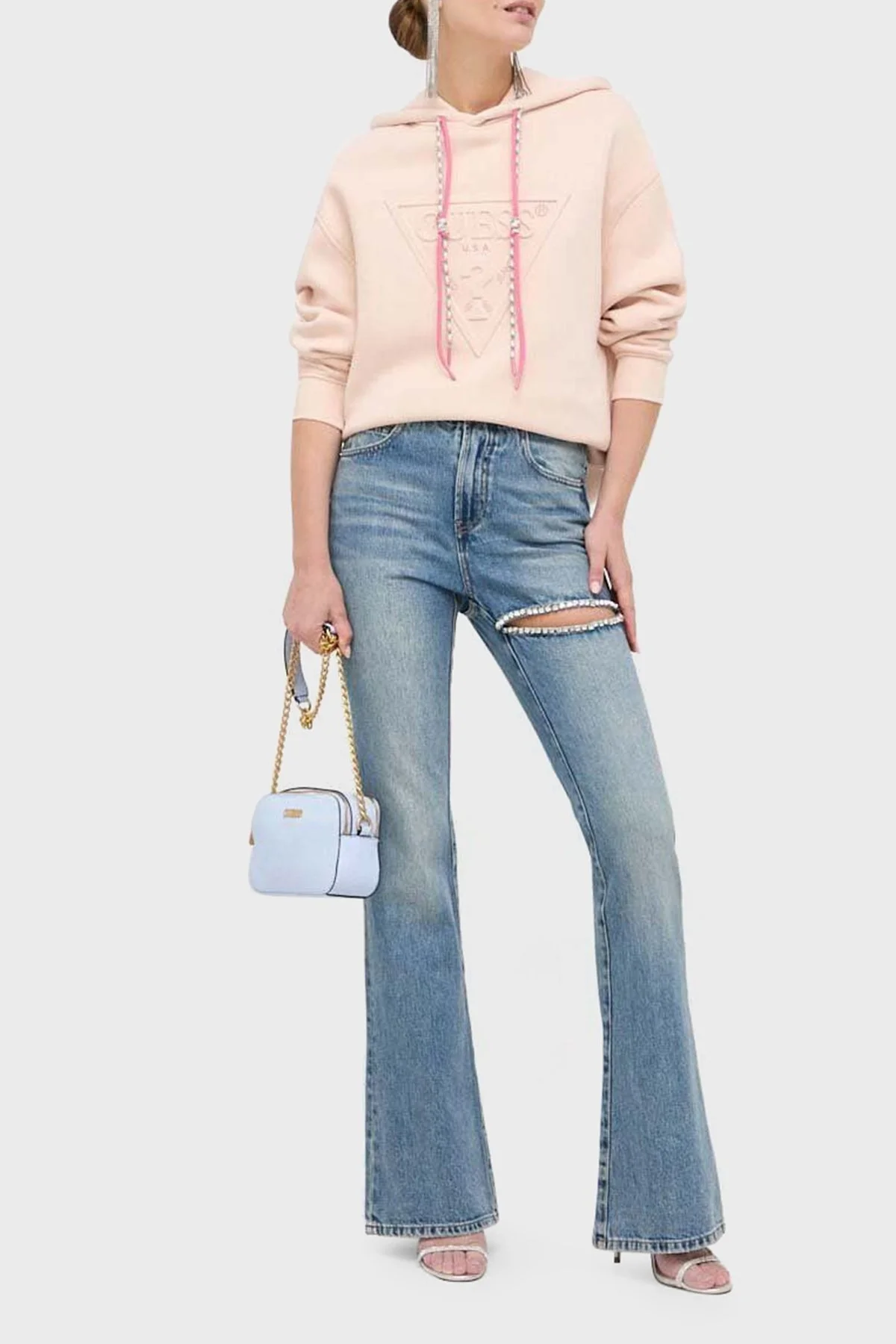 Guess Hoody Pamuklu Relaxed Fit Kapüşonlu Bayan Sweat W3YQ09K9Z21 G1K2 PUDRA - 4