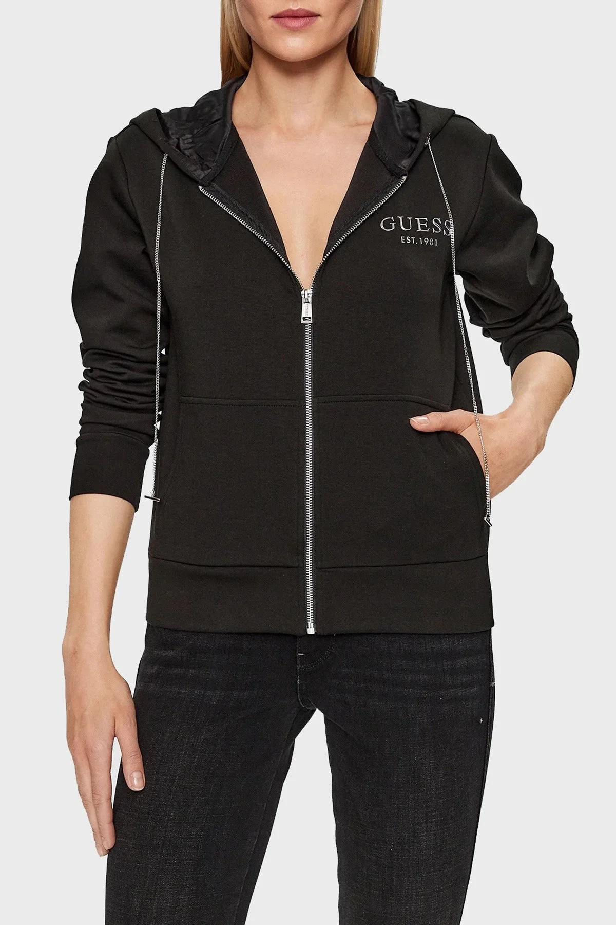 Guess Hoody Regular Fit Fermuarlı Zincirli Kapüşonlu Cepli Bayan Sweat W3YQ15KB932 JBLK SİYAH - 1