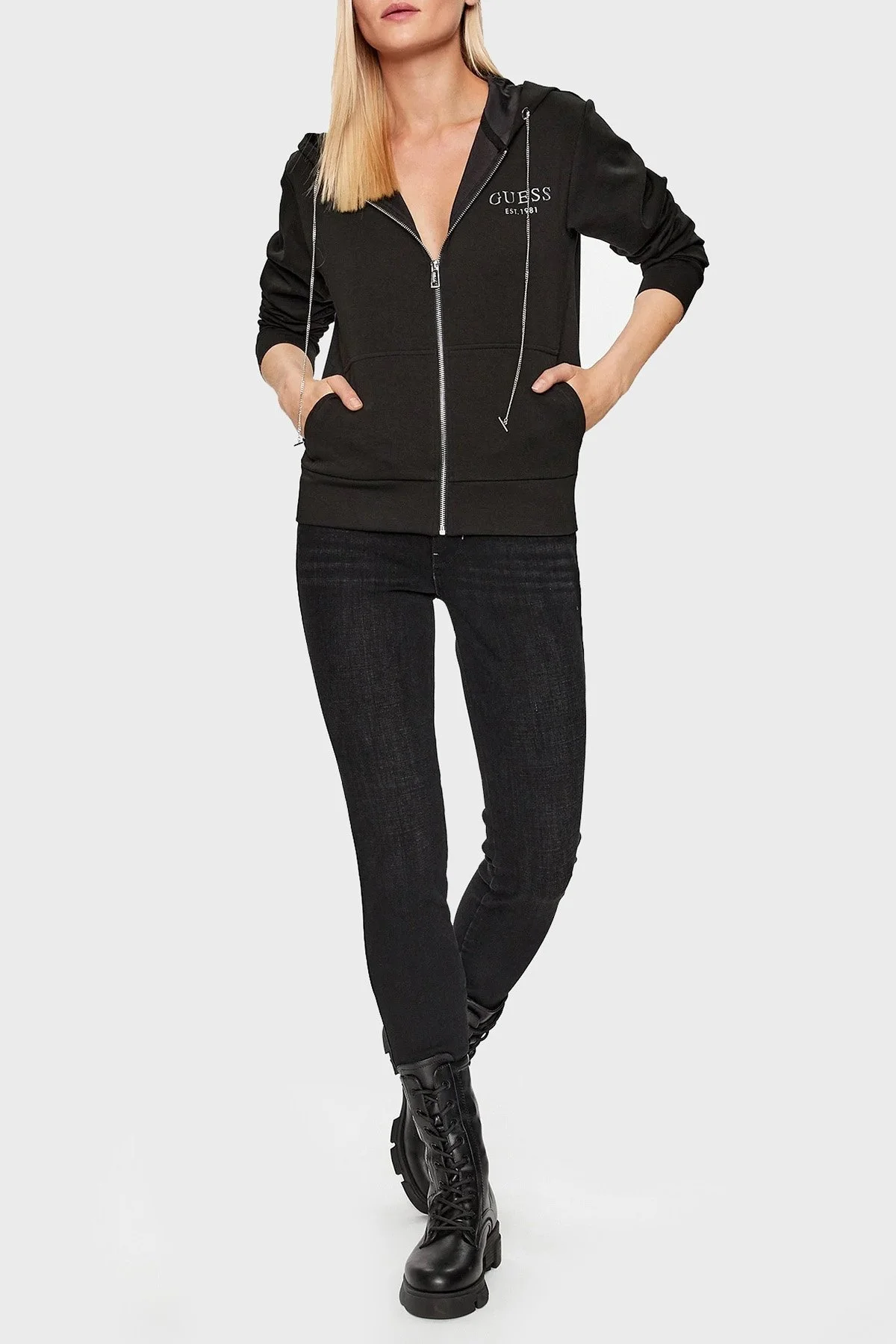Guess Hoody Regular Fit Fermuarlı Zincirli Kapüşonlu Cepli Bayan Sweat W3YQ15KB932 JBLK SİYAH - 2