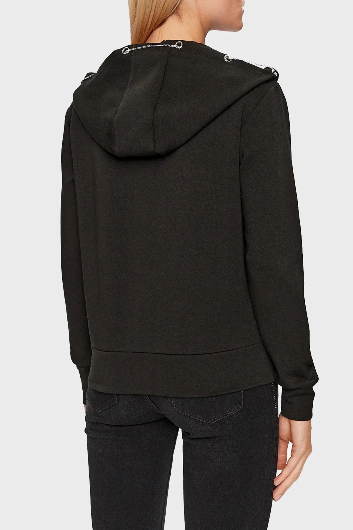 Guess Hoody Regular Fit Fermuarlı Zincirli Kapüşonlu Cepli Bayan Sweat W3YQ15KB932 JBLK SİYAH - 3