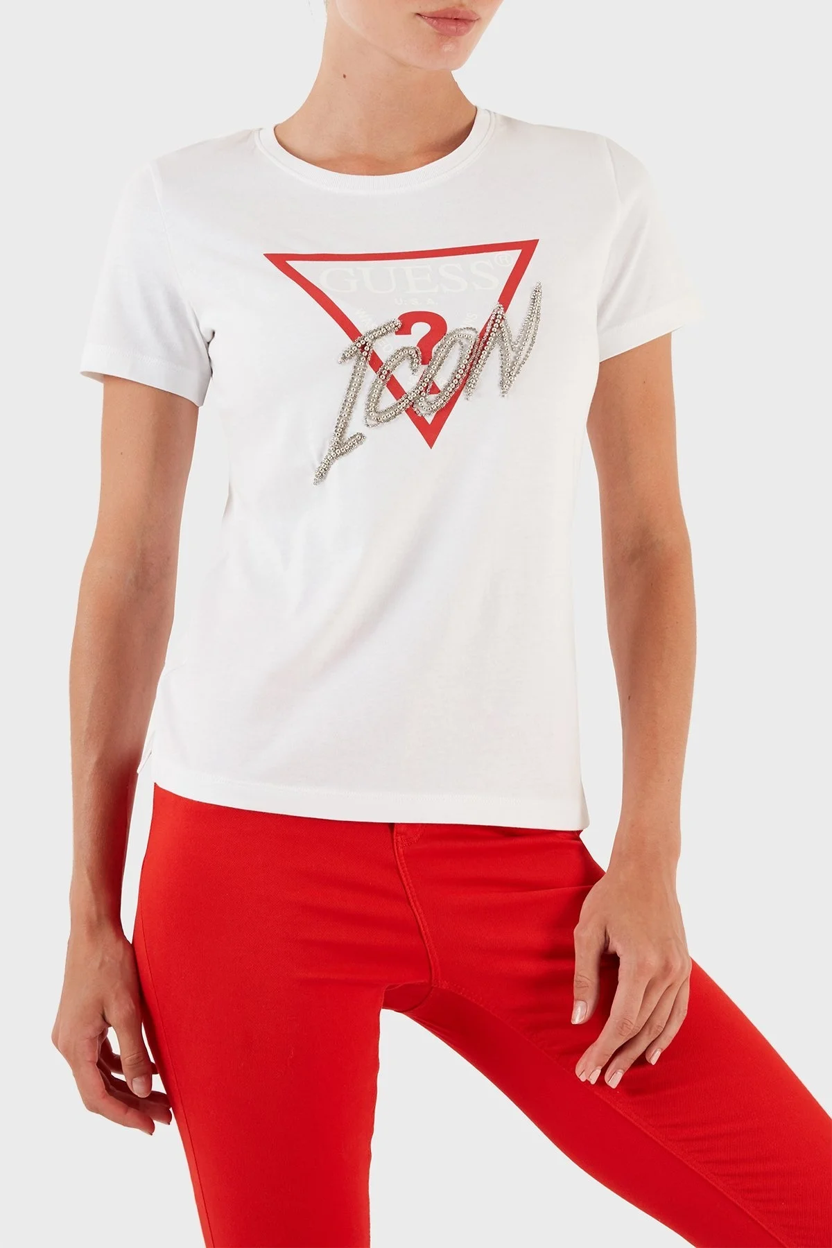 Guess Icon Pamuklu Regular Fit Bisiklet Yaka Bayan T Shirt W3YI42I3Z13 G011 BEYAZ - 3