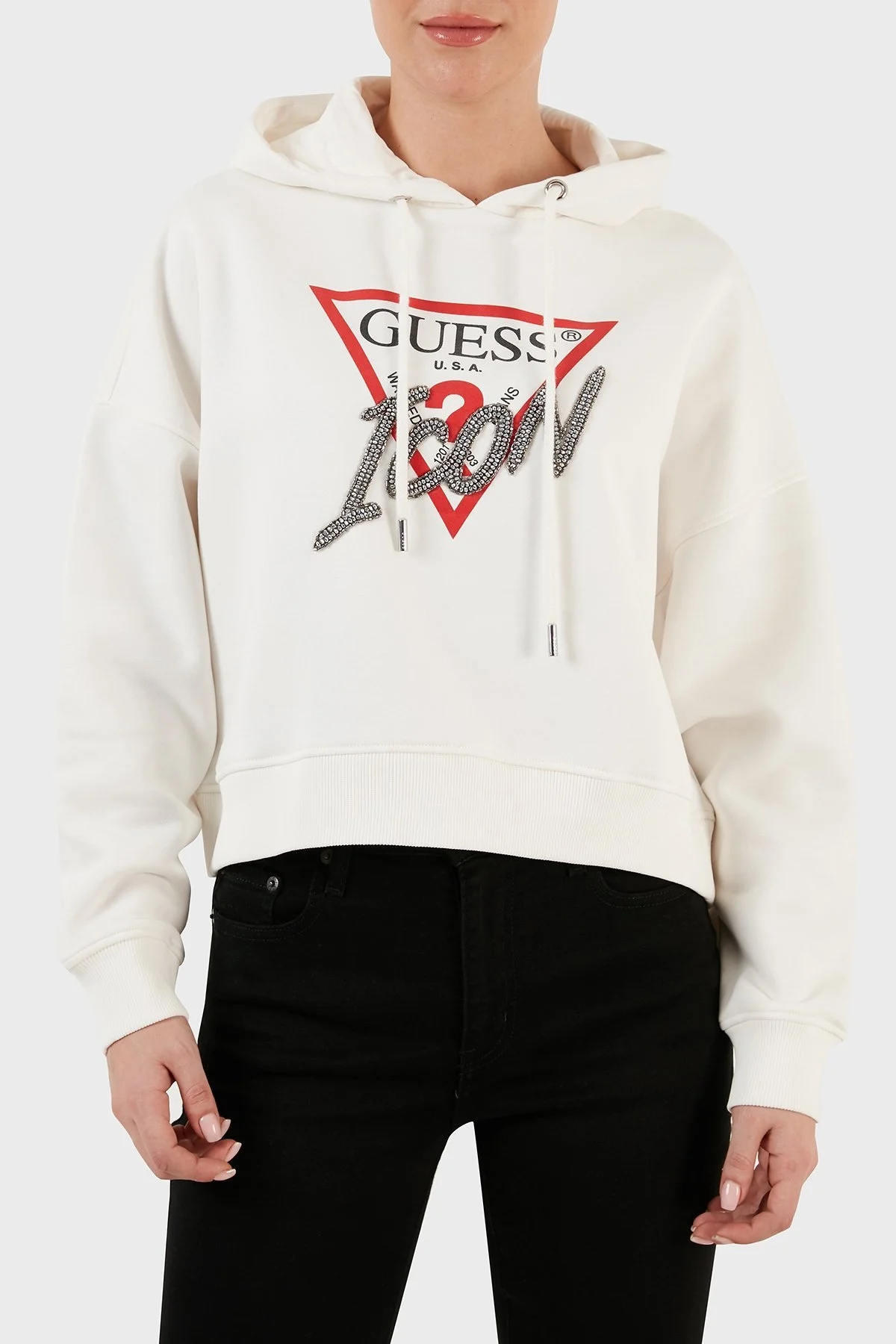 Guess Icon Pamuklu Relaxed Fit Kapüşonlu Bayan Sweat W3BQ15 KB681 G012 BEYAZ - 1