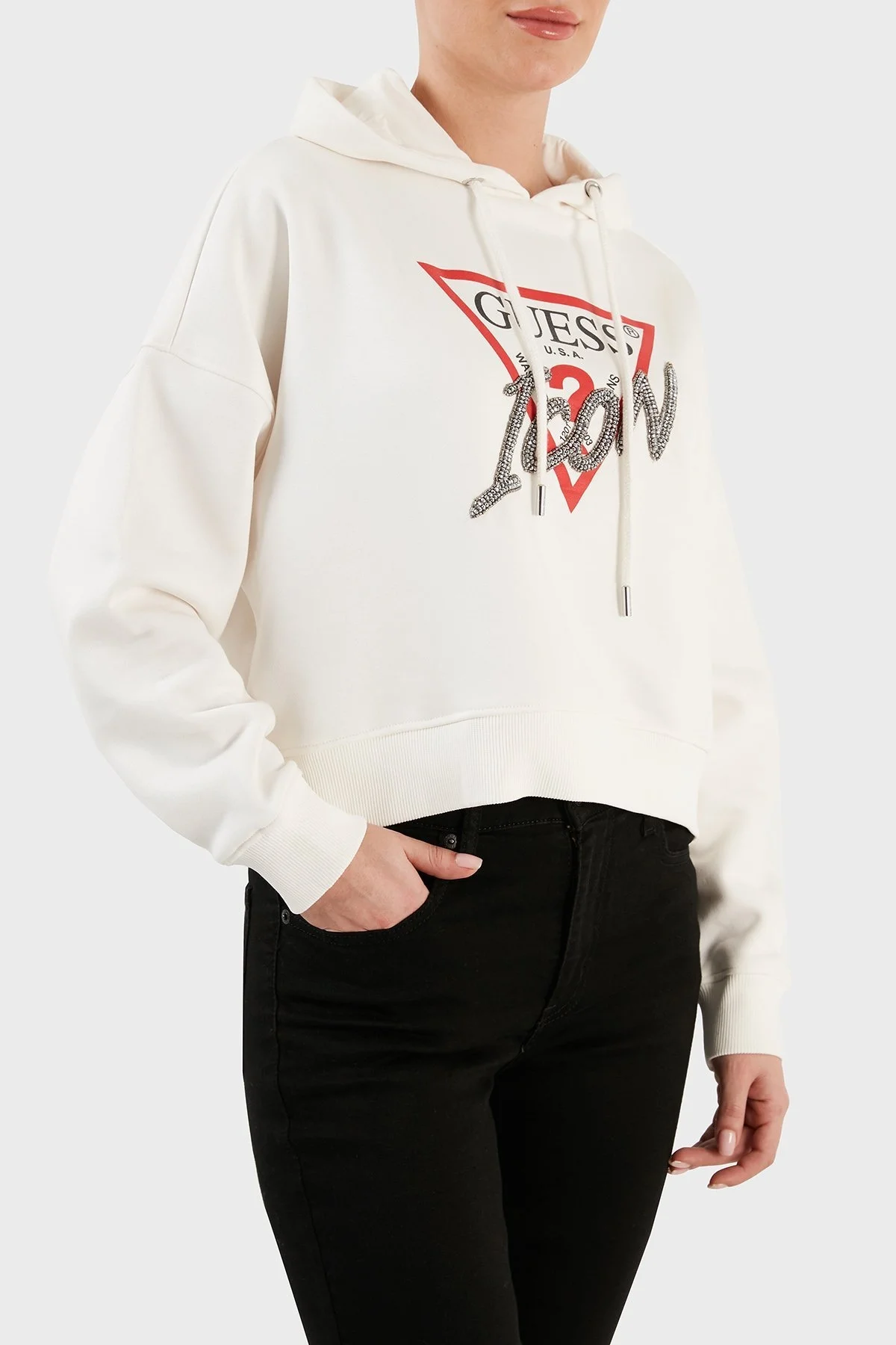 Guess Icon Pamuklu Relaxed Fit Kapüşonlu Bayan Sweat W3BQ15 KB681 G012 BEYAZ - 3