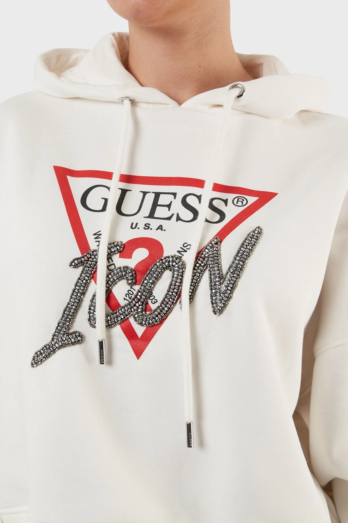Guess Icon Pamuklu Relaxed Fit Kapüşonlu Bayan Sweat W3BQ15 KB681 G012 BEYAZ - 5