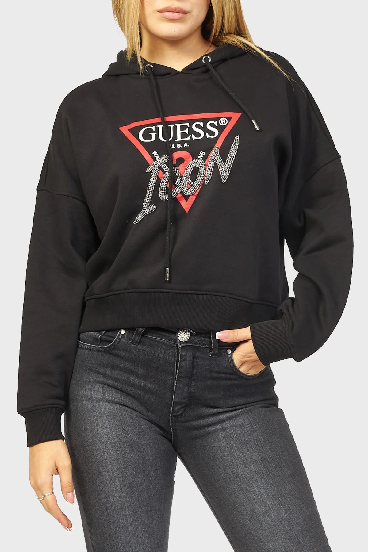 Guess Icon Pamuklu Relaxed Fit Kapüşonlu Bayan Sweat W3BQ15 KB681 JBLK SİYAH - 1