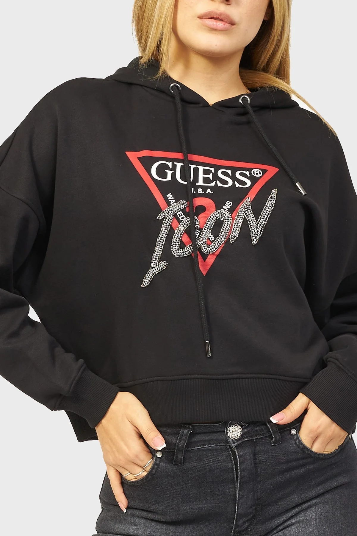 Guess Icon Pamuklu Relaxed Fit Kapüşonlu Bayan Sweat W3BQ15 KB681 JBLK SİYAH - 2