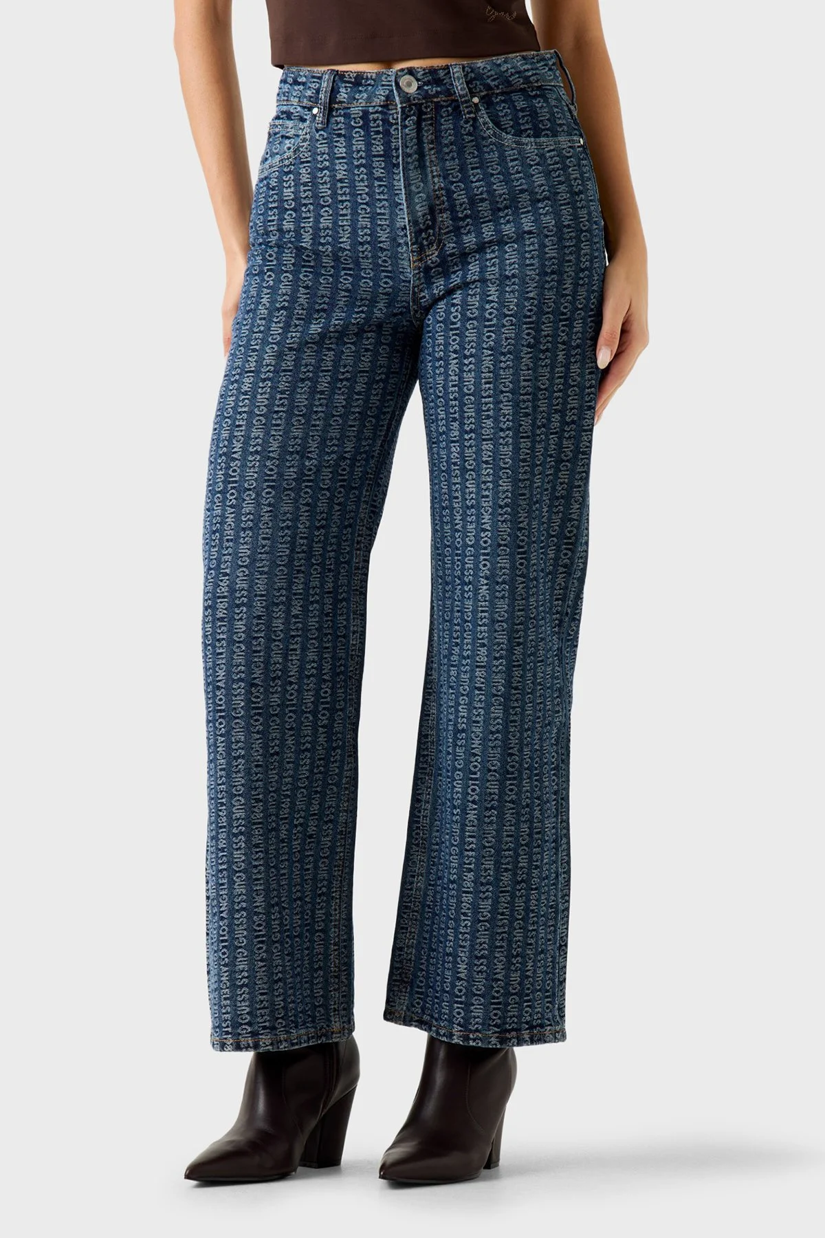 Guess Indigo Tamamı Logolu Relaxed Fit Yüksek Bel Geniş Paça Jean W6RA1AD6851 Bayan Kot Pantolon W6RA1A D6851 TKM0 MAVİ - 1