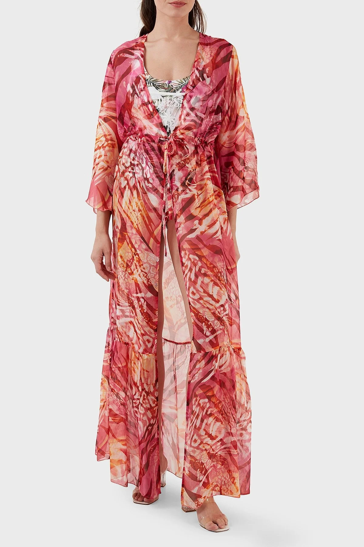 Guess İpek Karışımlı Desenli Bağlama Detaylı Kimono Uzun Bayan Pareo E3GK09WE550 P53D PEMBE - 1