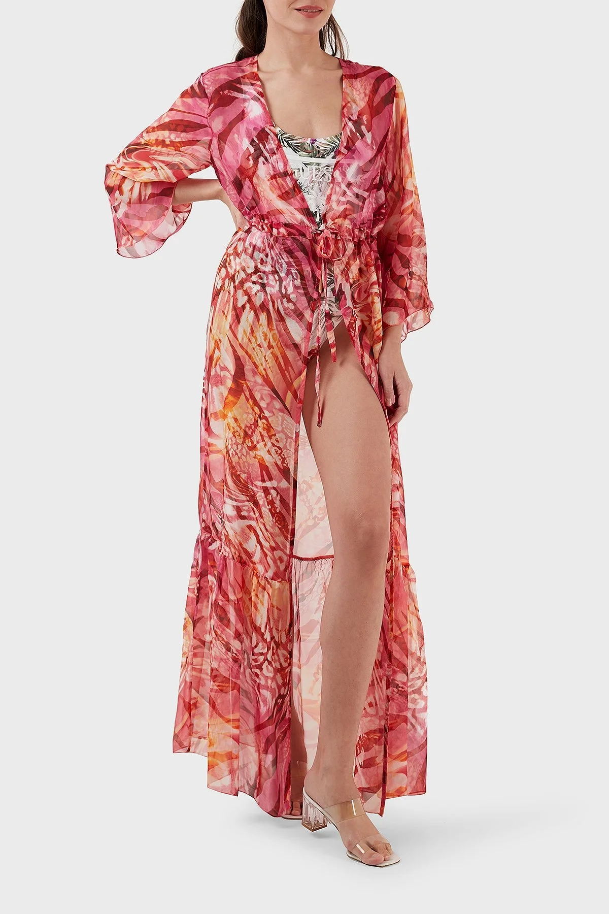 Guess İpek Karışımlı Desenli Bağlama Detaylı Kimono Uzun Bayan Pareo E3GK09WE550 P53D PEMBE - 2