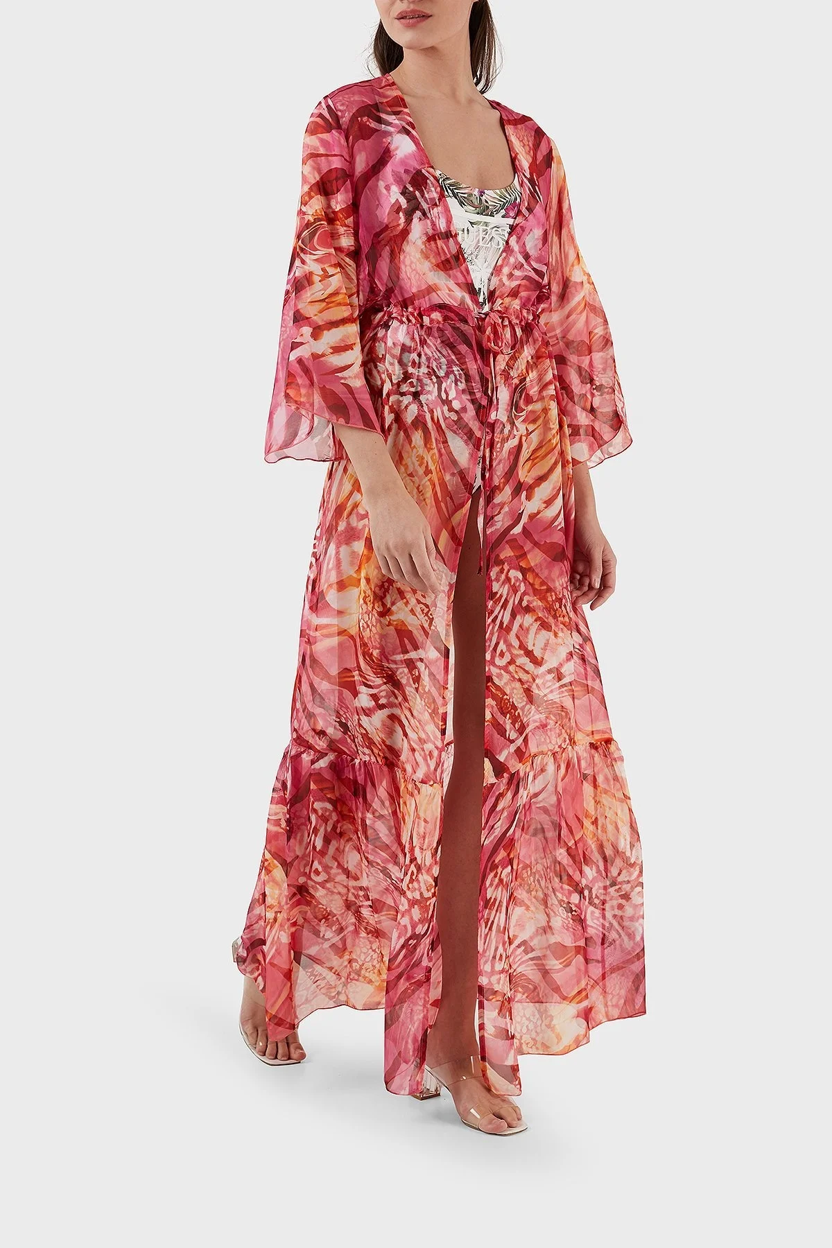 Guess İpek Karışımlı Desenli Bağlama Detaylı Kimono Uzun Bayan Pareo E3GK09WE550 P53D PEMBE - 3
