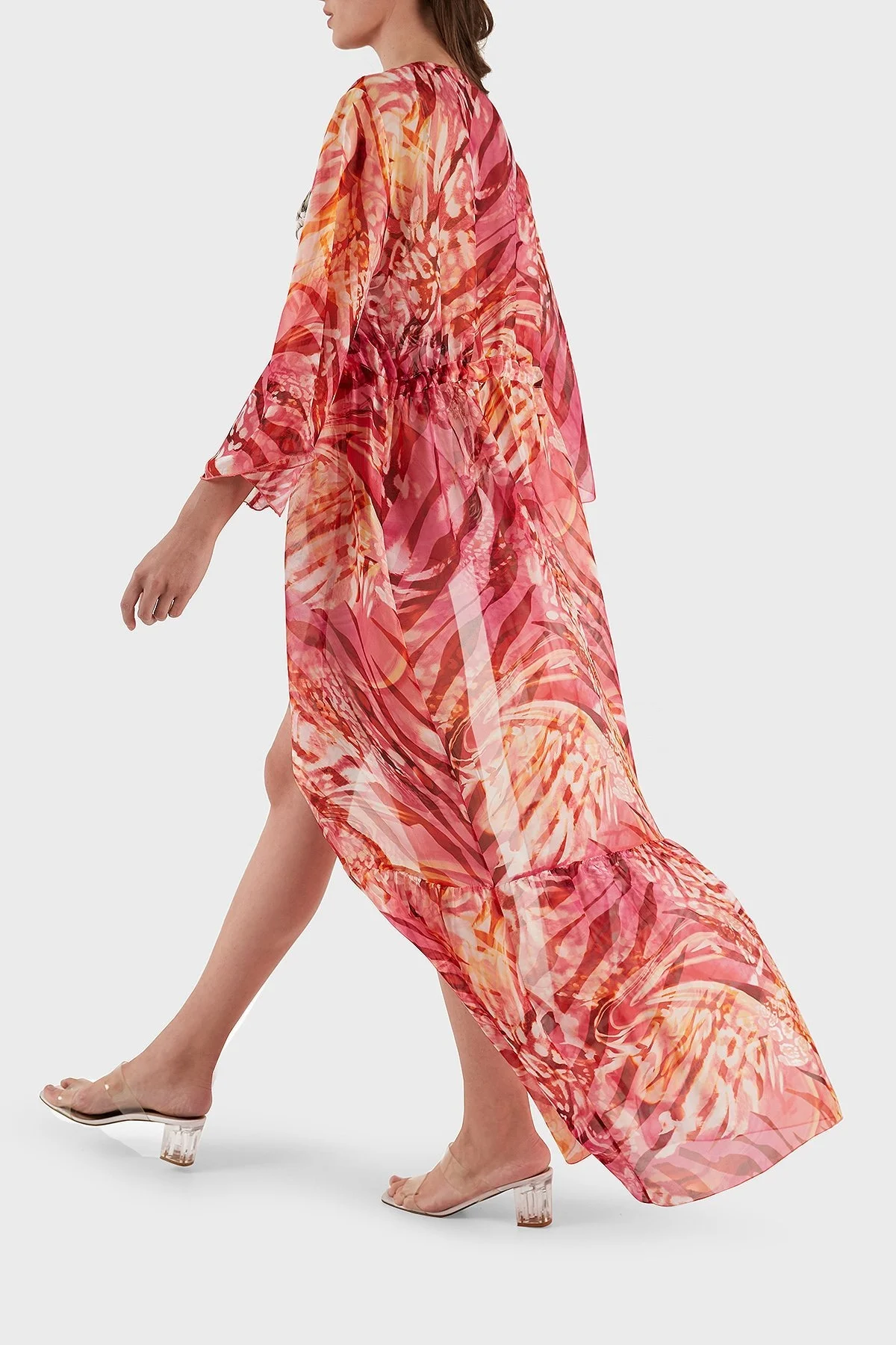 Guess İpek Karışımlı Desenli Bağlama Detaylı Kimono Uzun Bayan Pareo E3GK09WE550 P53D PEMBE - 5