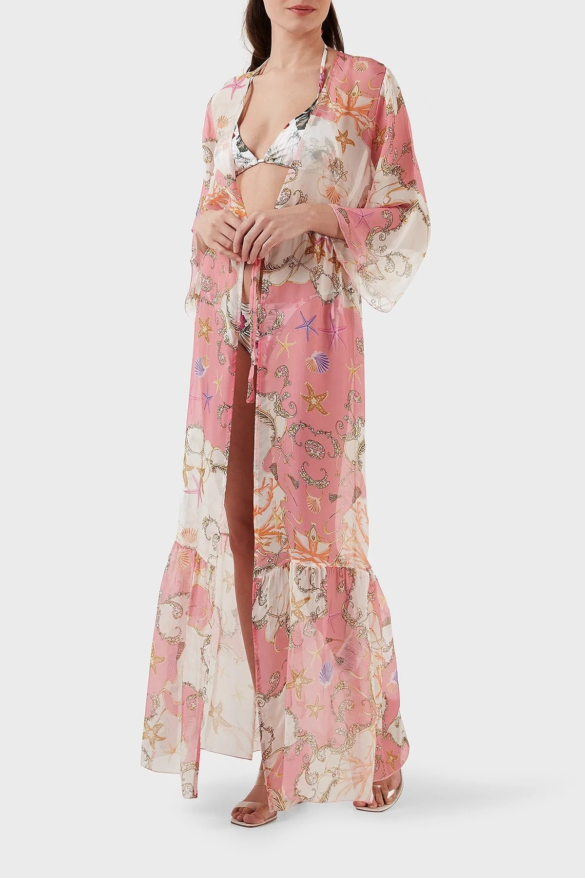 Guess İpek Karışımlı Desenli Bağlama Detaylı Kimono Uzun Bayan Pareo E3GK09WE550 P63W BEYAZ-PEMBE - 3