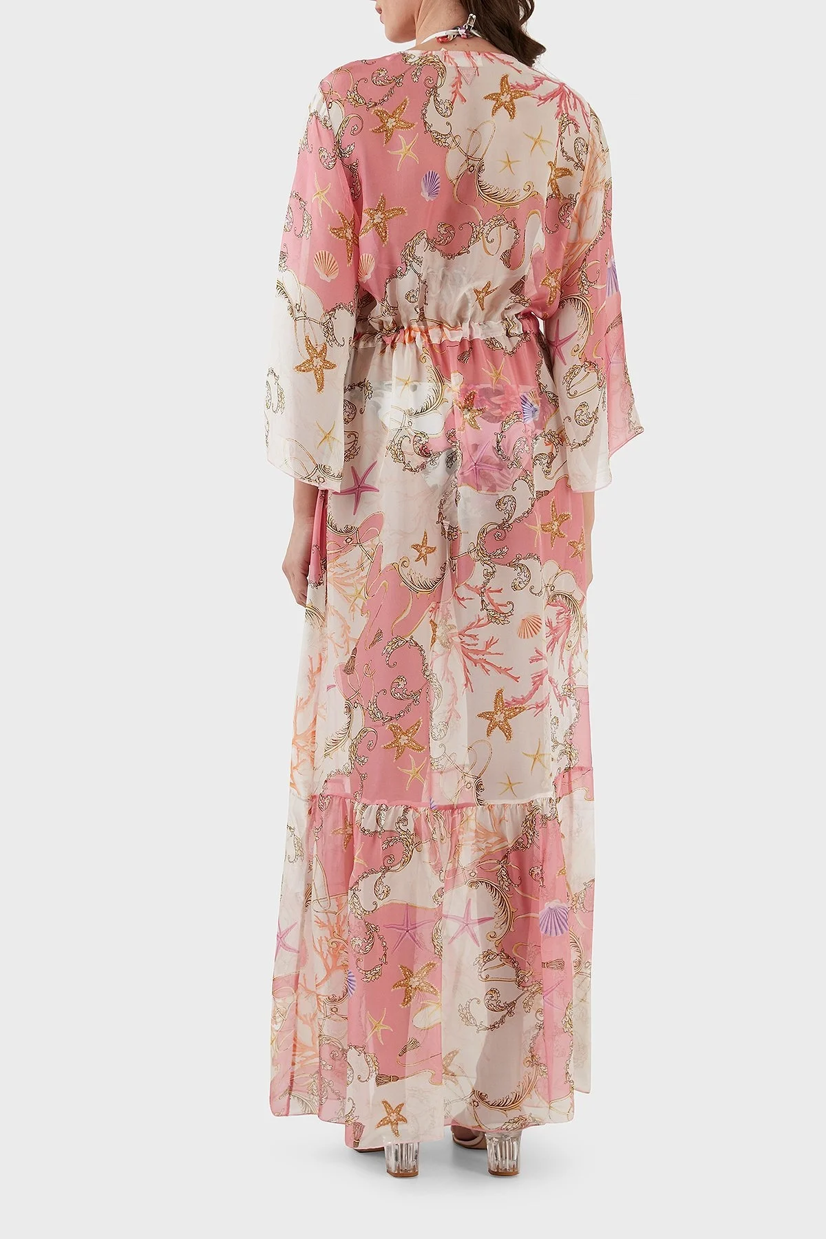 Guess İpek Karışımlı Desenli Bağlama Detaylı Kimono Uzun Bayan Pareo E3GK09WE550 P63W BEYAZ-PEMBE - 4