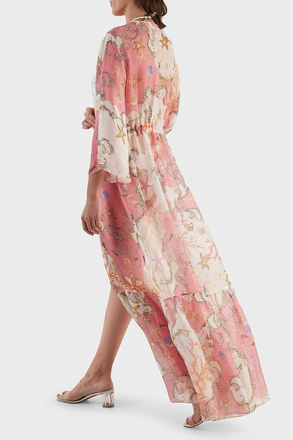 Guess İpek Karışımlı Desenli Bağlama Detaylı Kimono Uzun Bayan Pareo E3GK09WE550 P63W BEYAZ-PEMBE - 5