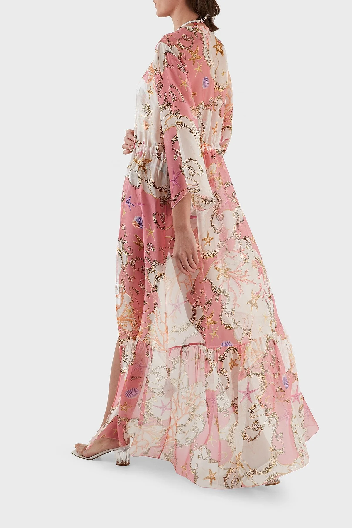 Guess İpek Karışımlı Desenli Bağlama Detaylı Kimono Uzun Bayan Pareo E3GK09WE550 P63W BEYAZ-PEMBE - 6