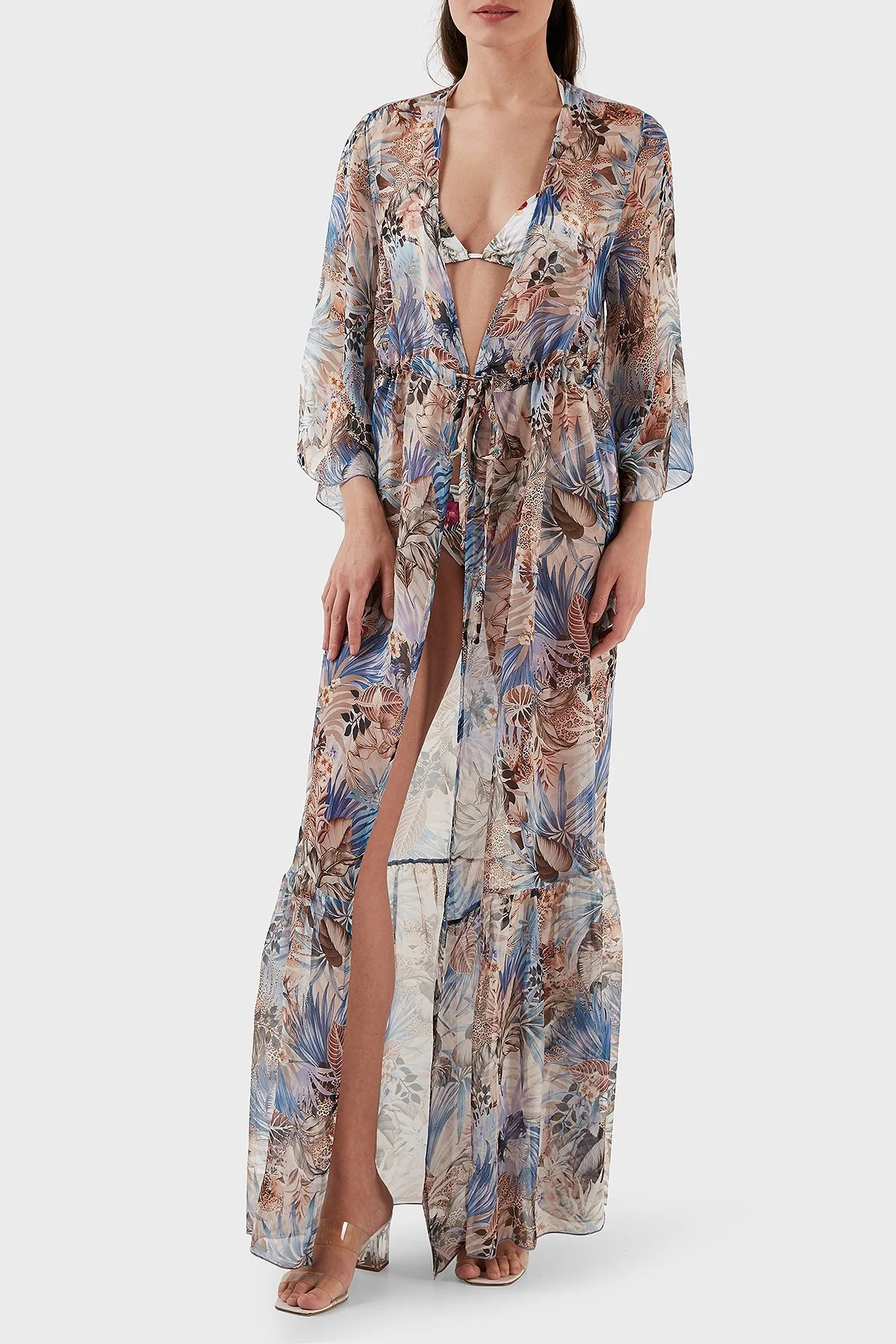 Guess İpek Karışımlı Desenli Bağlama Detaylı Kimono Uzun Bayan Pareo E3GK09WE550 P7HB MAVİ - 5