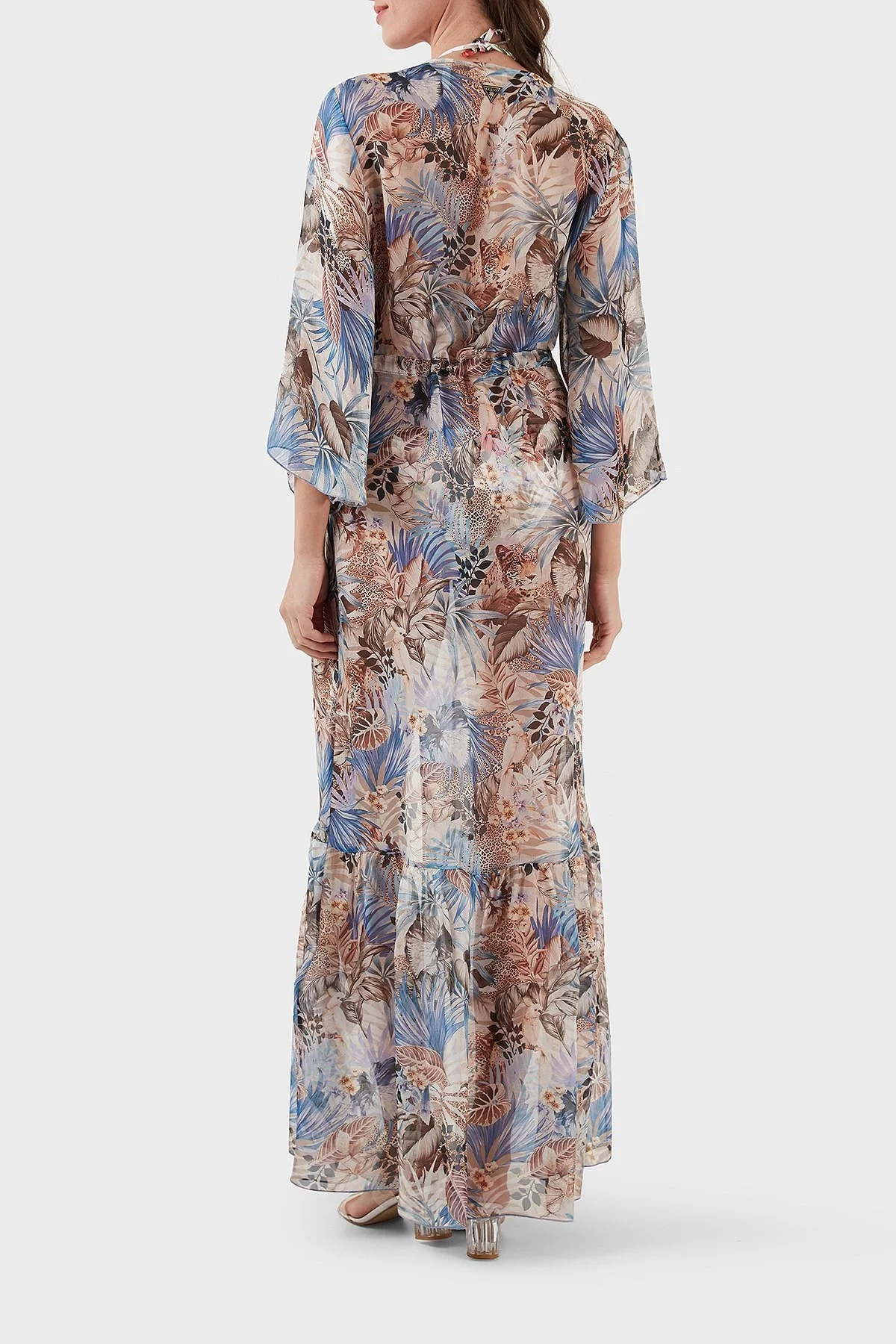 Guess İpek Karışımlı Desenli Bağlama Detaylı Kimono Uzun Bayan Pareo E3GK09WE550 P7HB MAVİ - 6