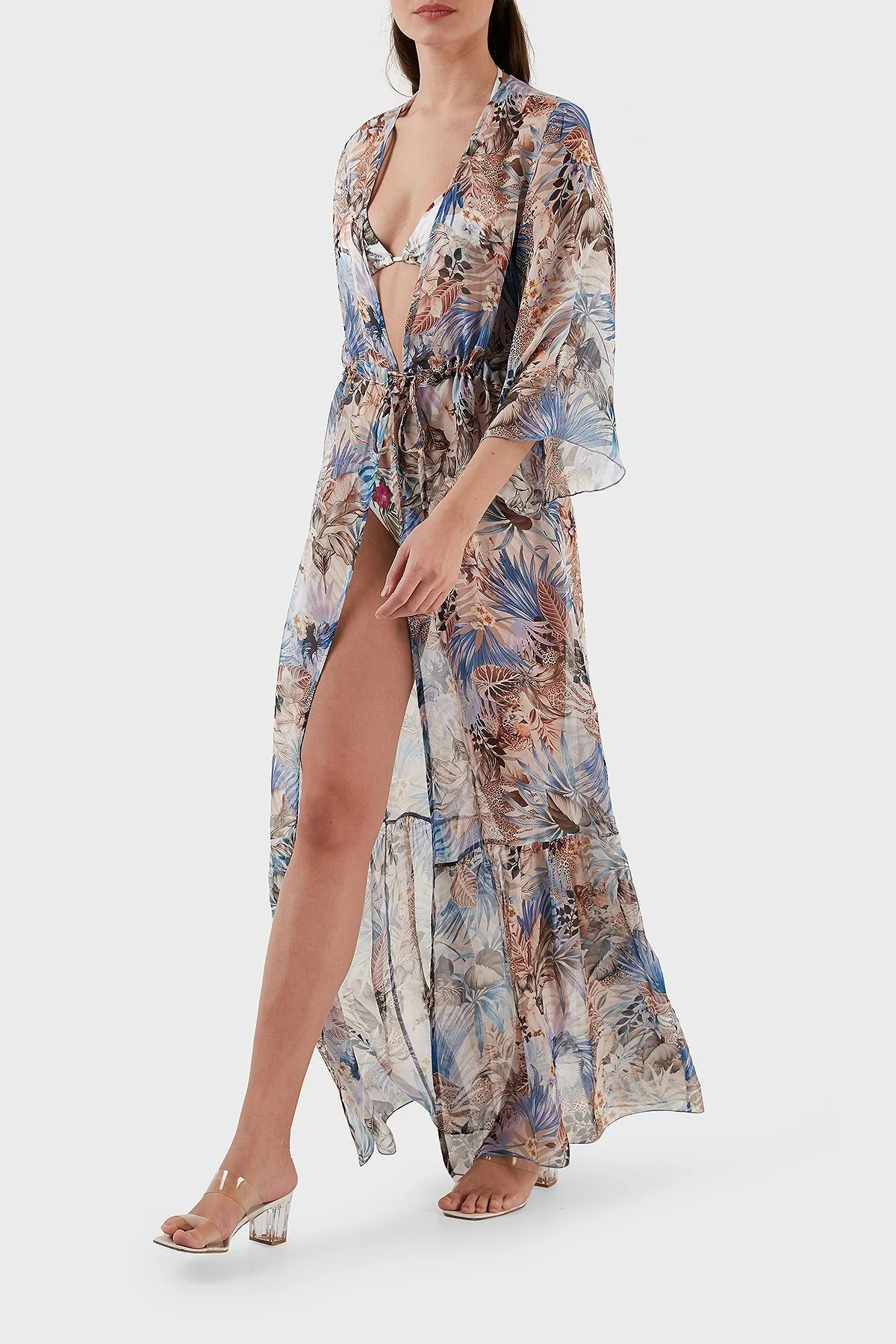 Guess İpek Karışımlı Desenli Bağlama Detaylı Kimono Uzun Bayan Pareo E3GK09WE550 P7HB MAVİ - 7