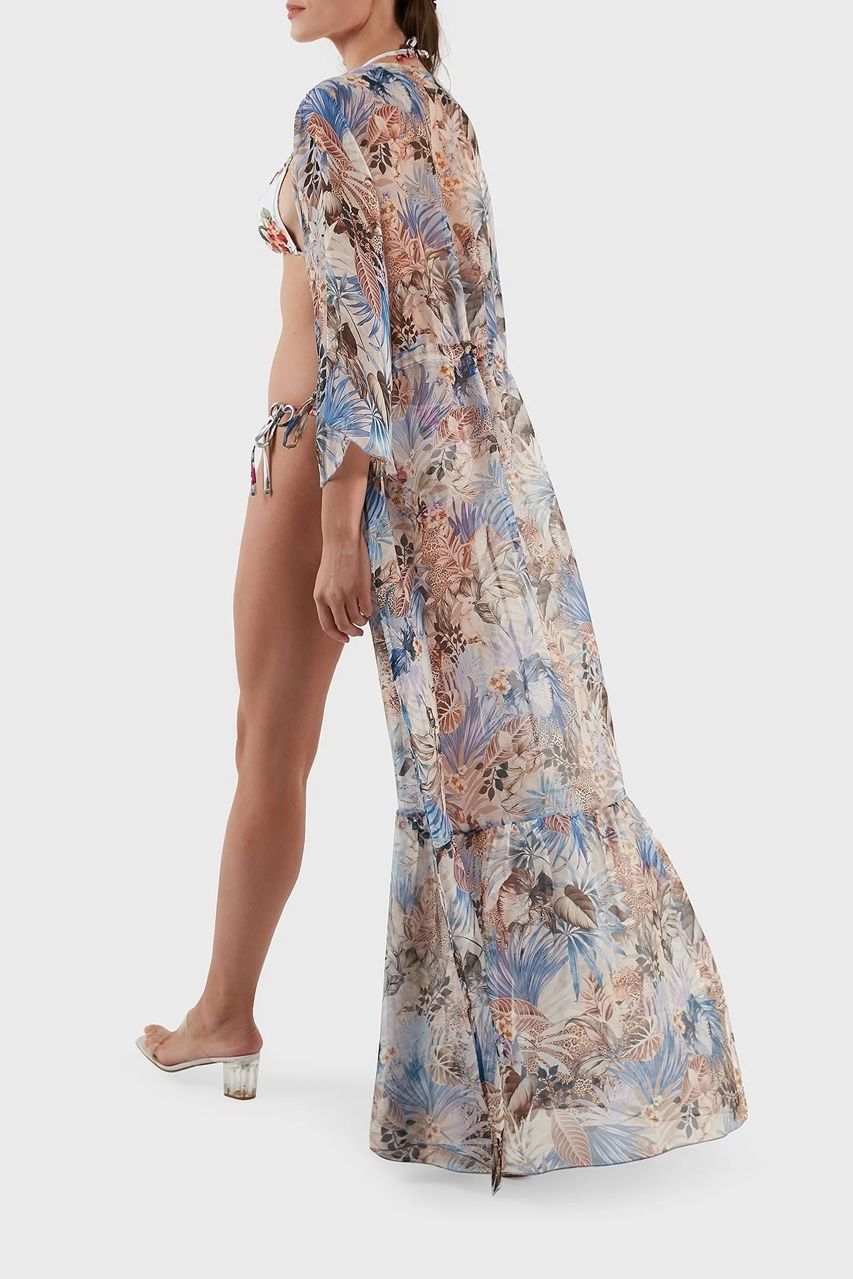 Guess İpek Karışımlı Desenli Bağlama Detaylı Kimono Uzun Bayan Pareo E3GK09WE550 P7HB MAVİ - 8