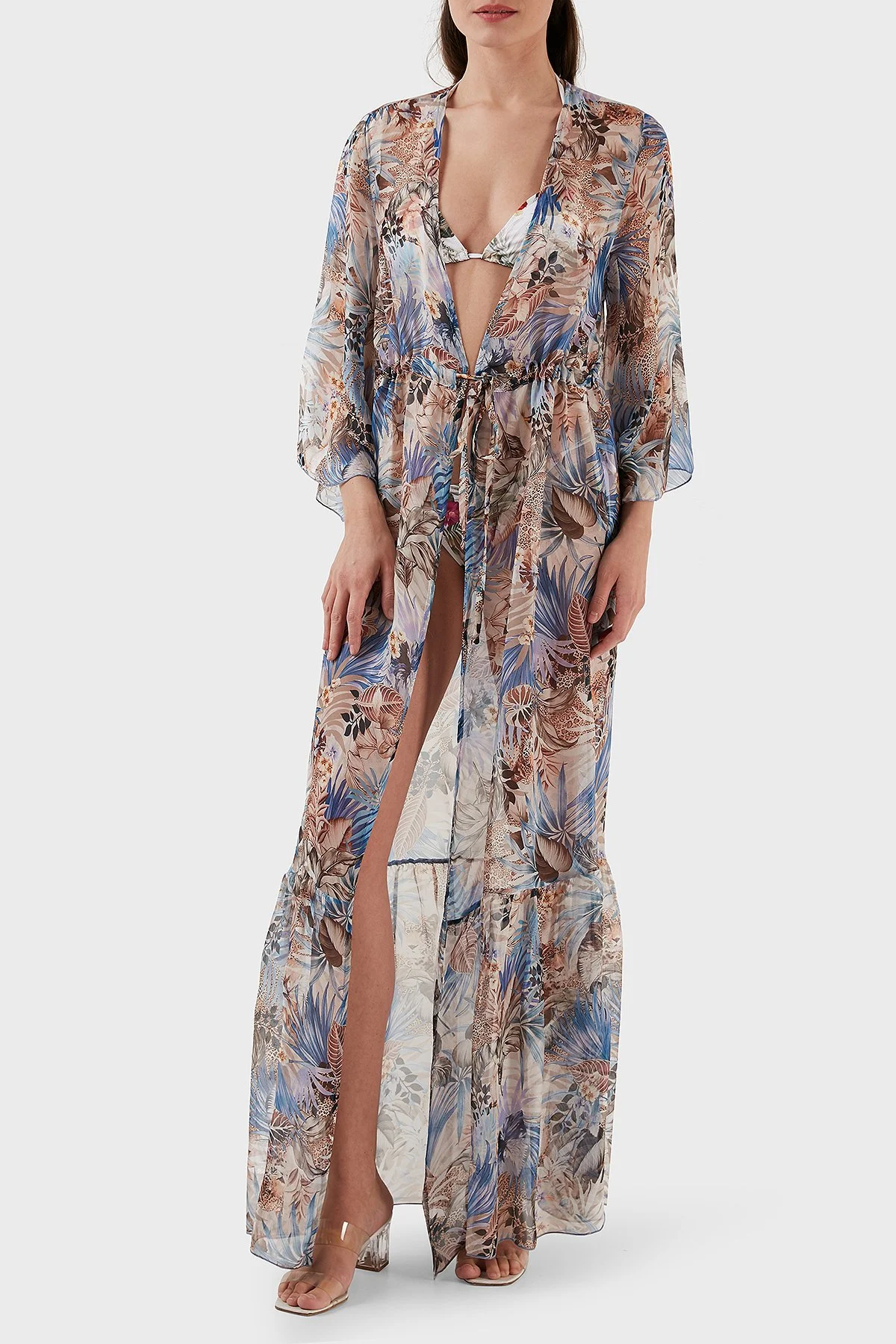 Guess İpek Karışımlı Desenli Bağlama Detaylı Kimono Uzun Bayan Pareo E3GK09WE550 P7HB MAVİ - 1