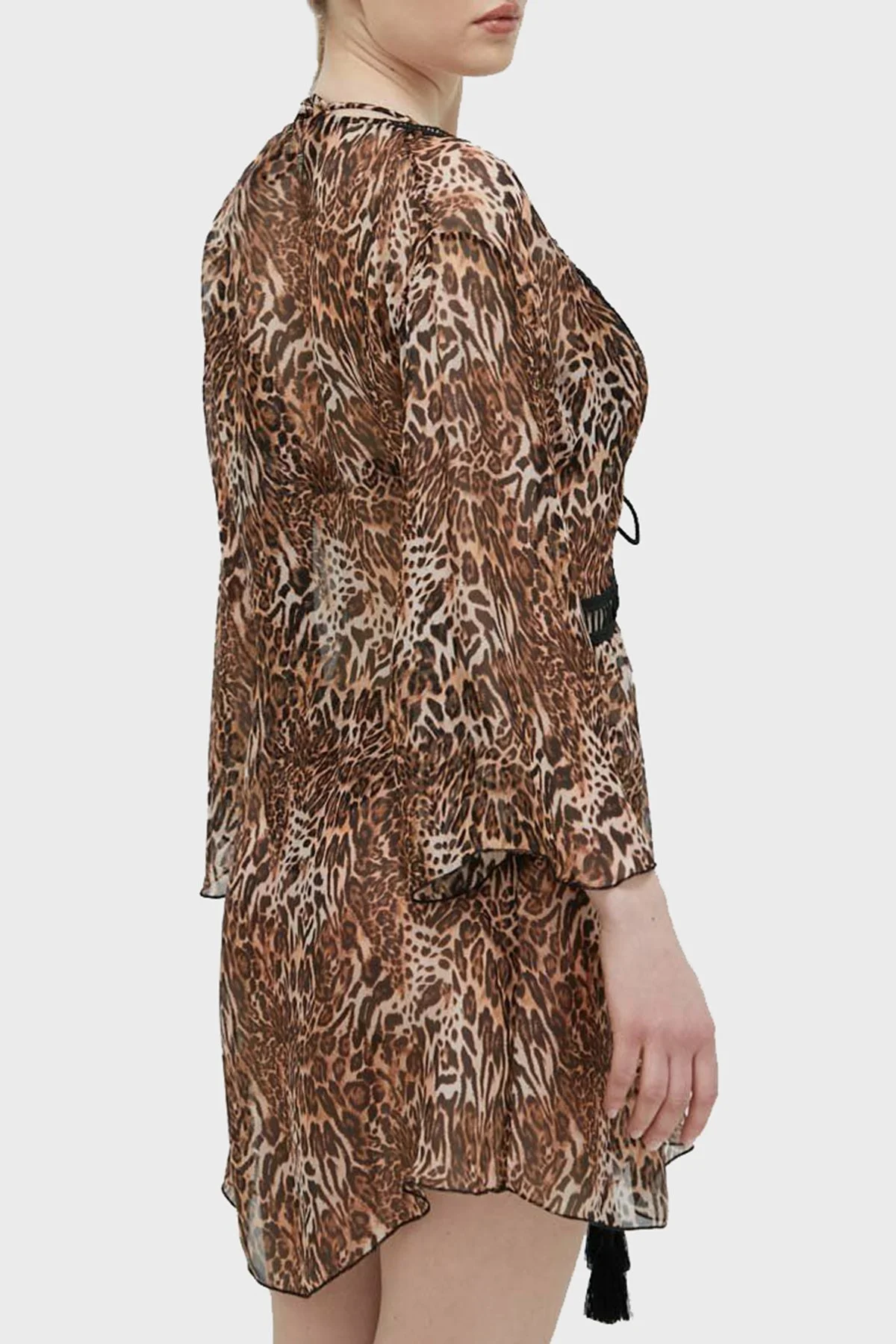 Guess İpek Karışımlı Leopar Desenli Kimono Bağlamalı Bayan Pareo E3GK06WE550 P122 KAHVE - 3