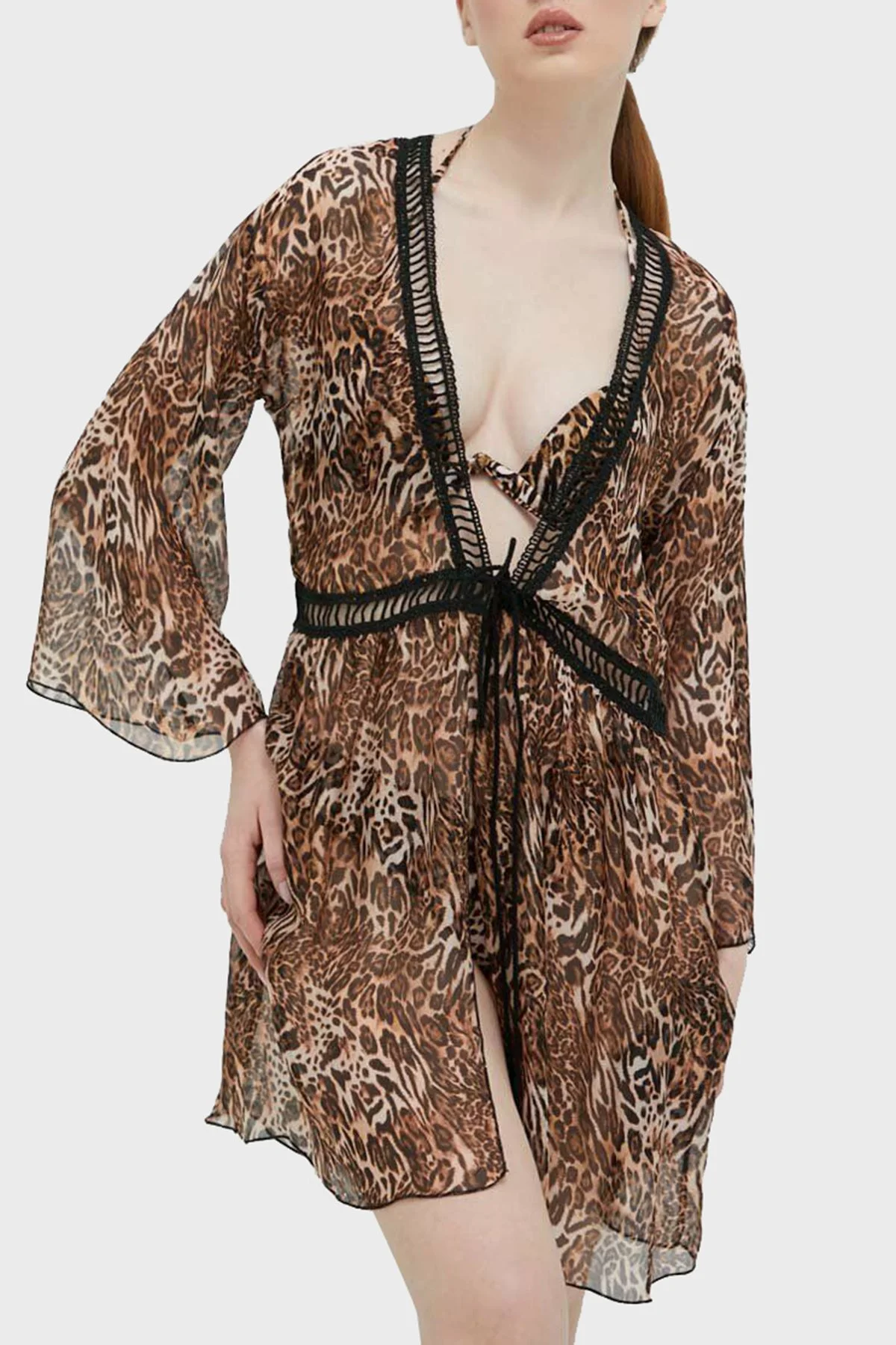 Guess İpek Karışımlı Leopar Desenli Kimono Bağlamalı Bayan Pareo E3GK06WE550 P122 KAHVE - 1