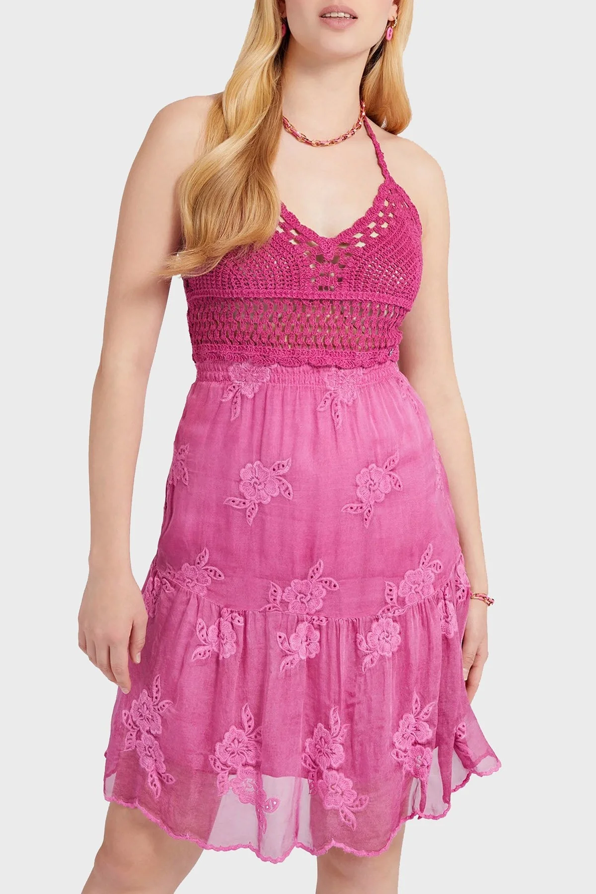 Guess İpek Karışımlı Örgü Detaylı Boyundan Bağlamalı Gipeli Bayan Elbise W2GK60WEKE0 G4A2 FUŞYA - 1