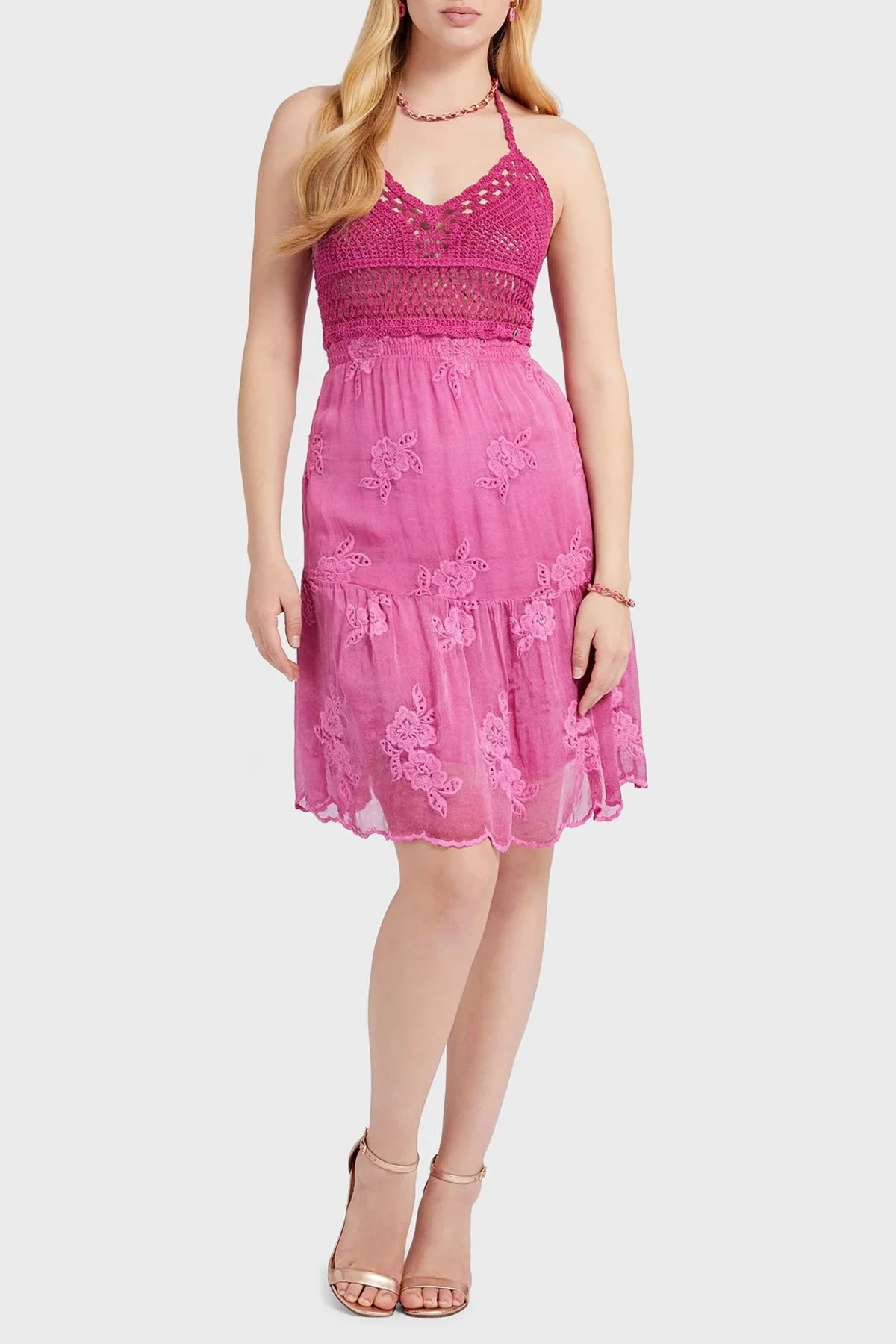 Guess İpek Karışımlı Örgü Detaylı Boyundan Bağlamalı Gipeli Bayan Elbise W2GK60WEKE0 G4A2 FUŞYA - 2