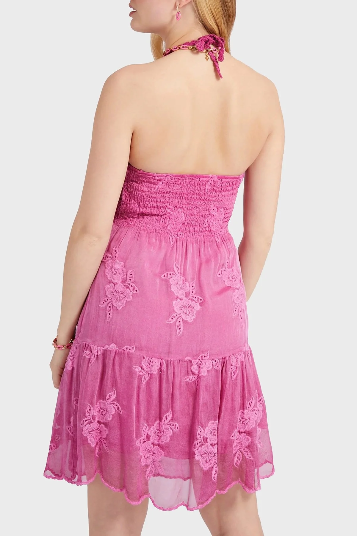 Guess İpek Karışımlı Örgü Detaylı Boyundan Bağlamalı Gipeli Bayan Elbise W2GK60WEKE0 G4A2 FUŞYA - 3