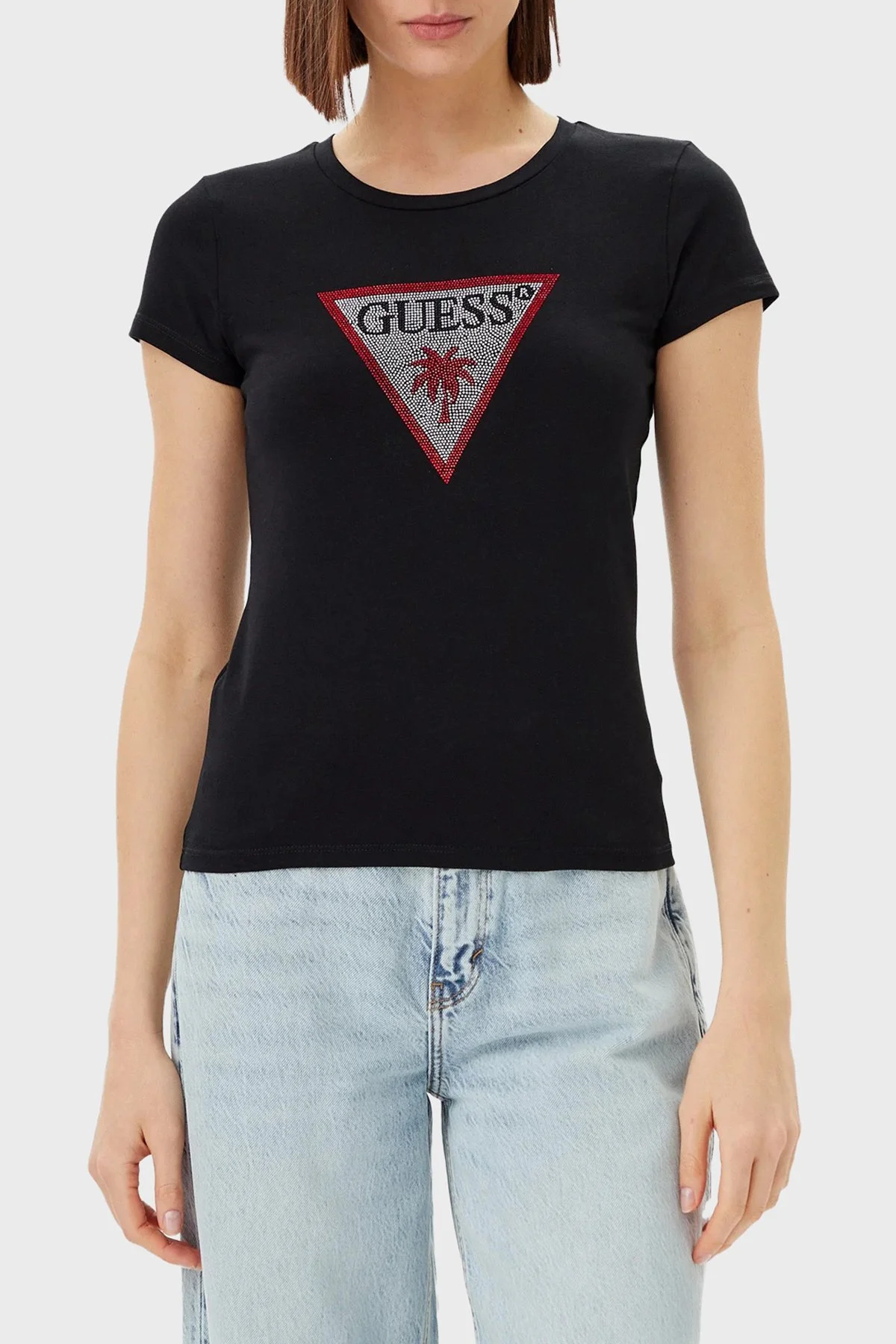 Guess Jersey Logolu Pamuklu Slim Fit Bisiklet Yaka E5GI08J1314 Bayan T Shirt E5GI08 J1314 JBLK SİYAH - 1
