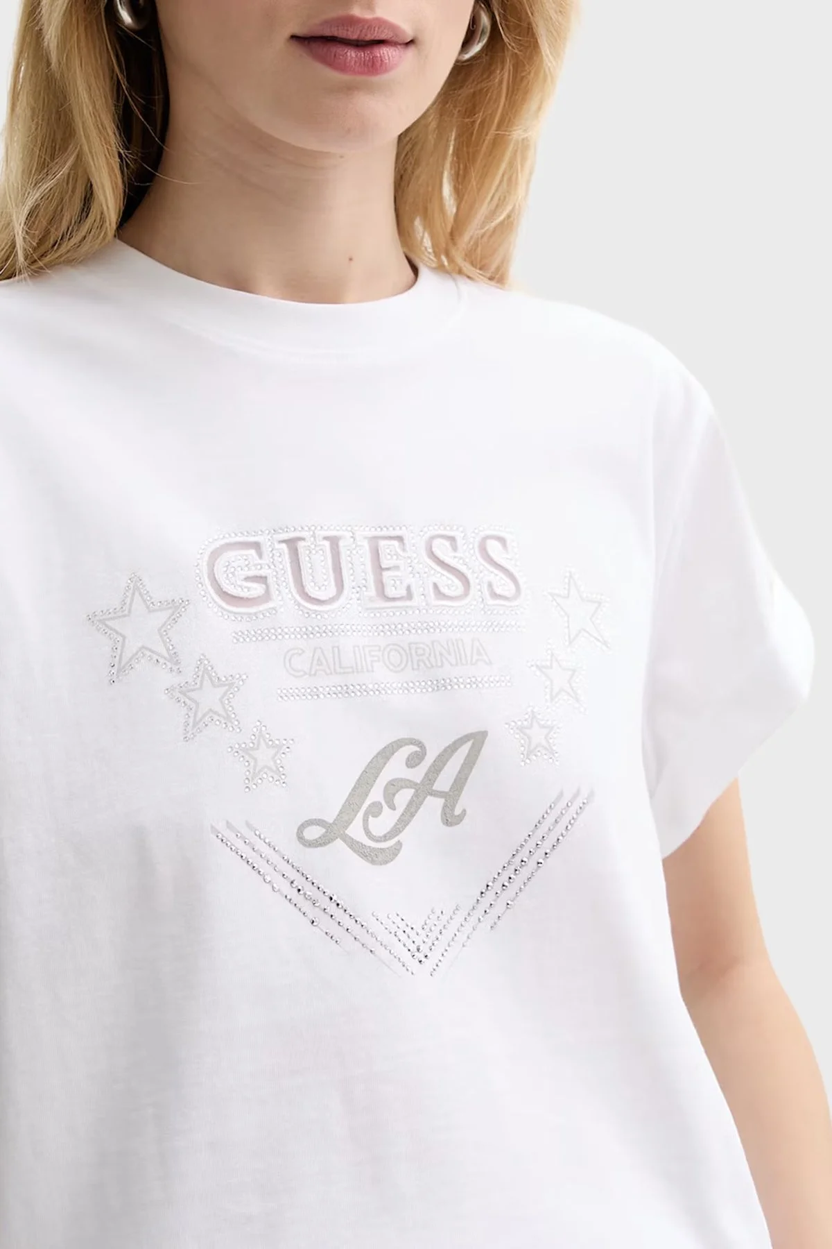 Guess Jersey Pamuklu Taş Detaylı Regular Fit Bisiklet Yaka W6RI30I3Z14 Bayan T Shirt W6RI30 I3Z14 G011 BEYAZ - 4