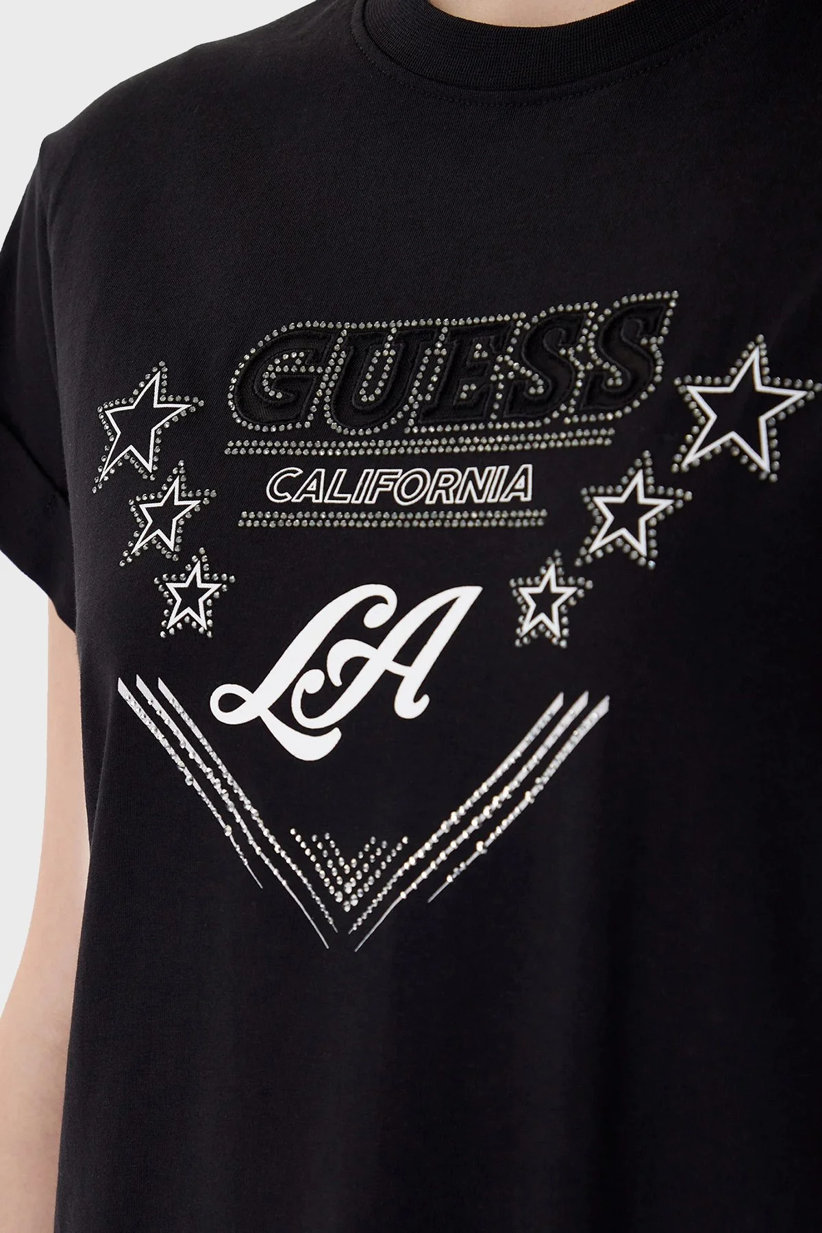 Guess Jersey Pamuklu Taş Detaylı Regular Fit Bisiklet Yaka W6RI30I3Z14 Bayan T Shirt W6RI30 I3Z14 JBLK SİYAH - 5