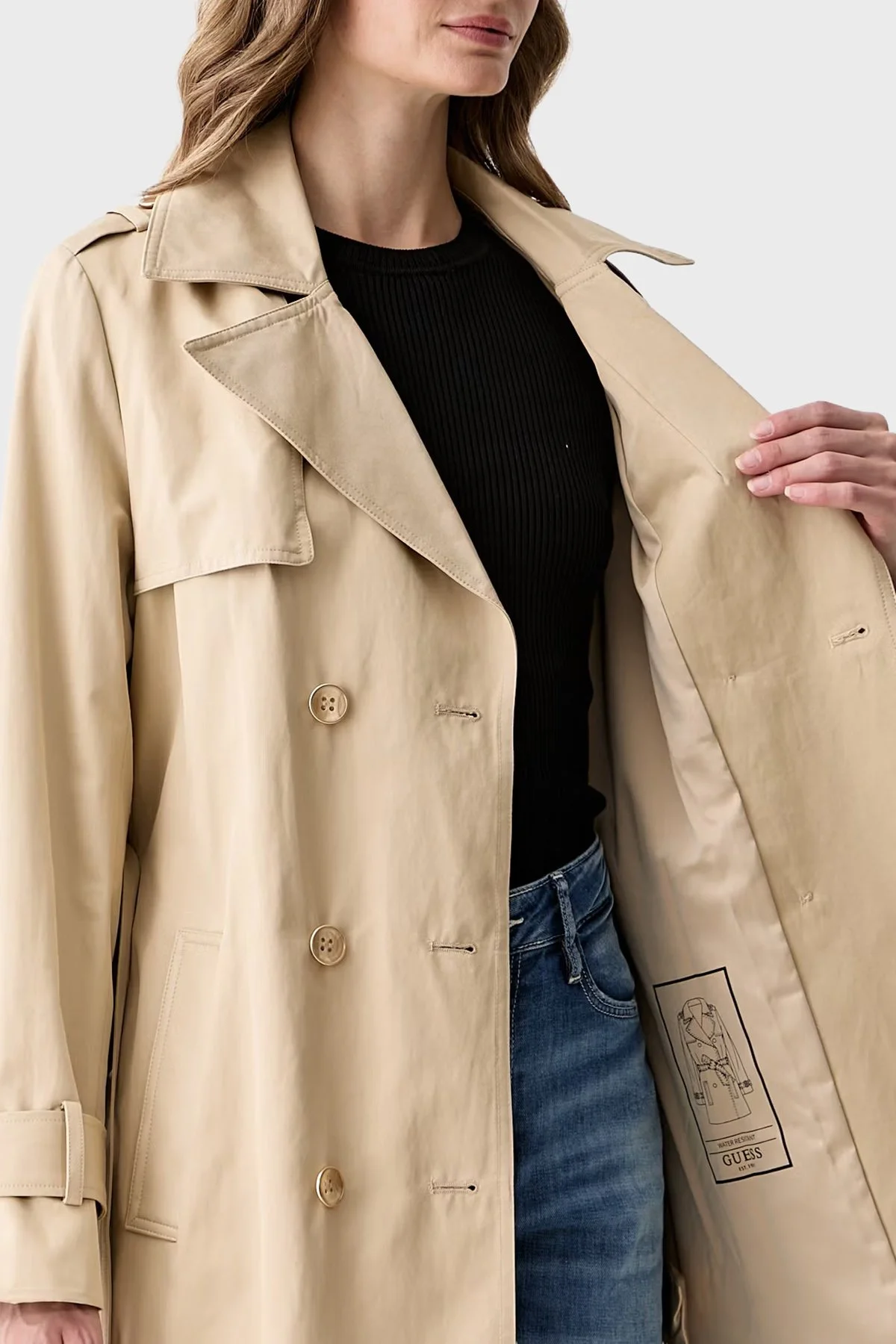 Guess Juliane Kruvaze Yaka Bağlama Detaylı W6YL26W2915 Kadın Trençkot W6YL26 W2915 A117 Bej - 6