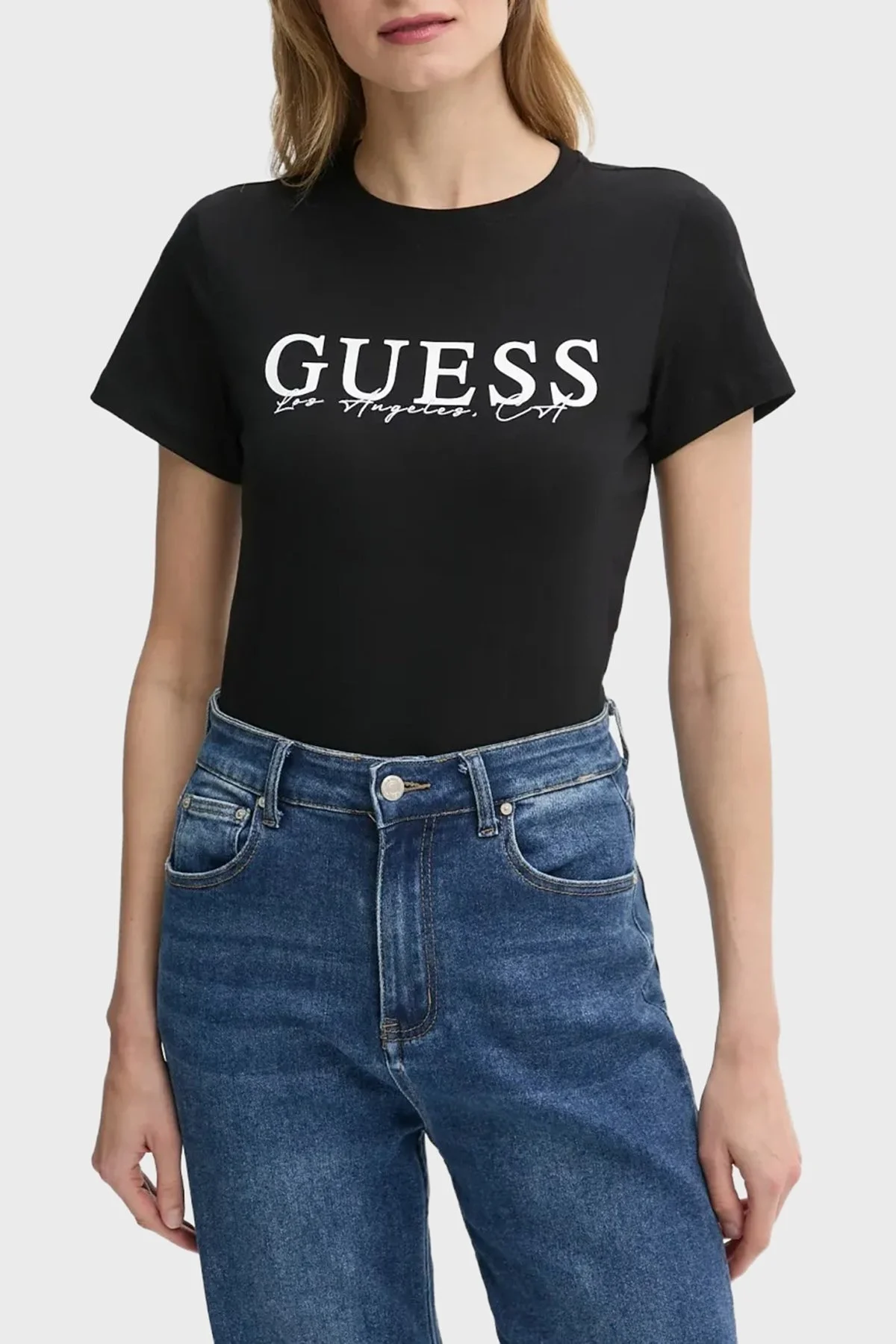 Guess Kamelie Logolu Pamuklu Slim Fit Bisiklet Yaka V5GI15J1314 Bayan T Shirt V5GI15 J1314 JBLK SİYAH - 4