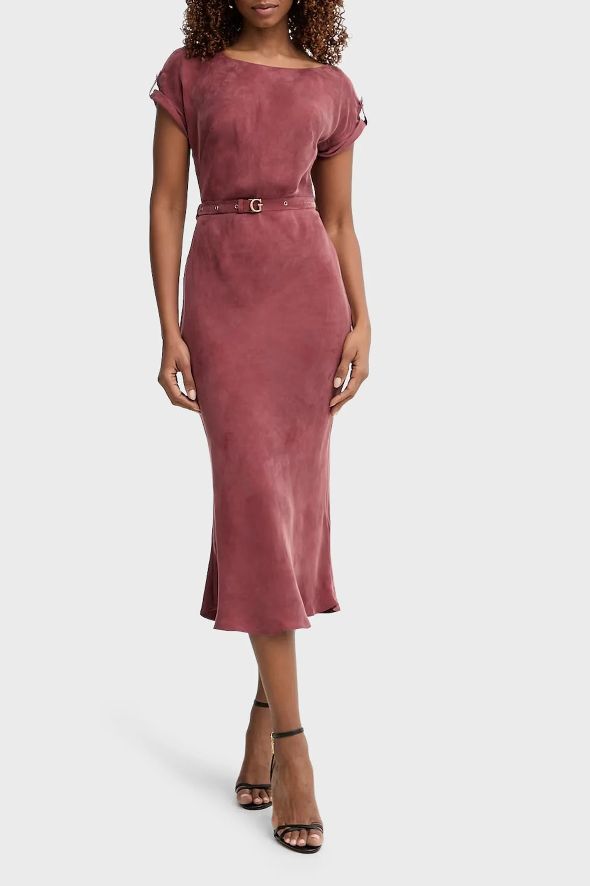 Guess Kemerli Bisiklet Yaka Midi Boy W6GK50W1950 Kadın Elbise W6GK50 W1950 G594 BORDO - 4