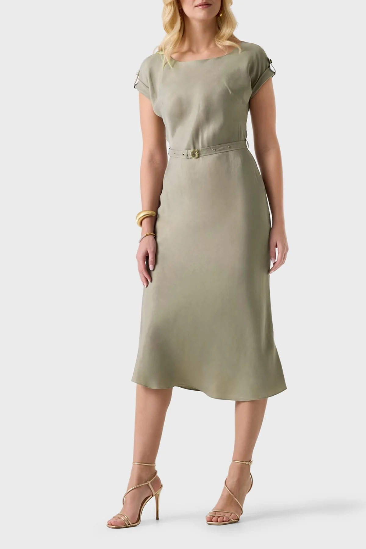 Guess Kemerli Bisiklet Yaka Midi Boy W6GK50W1950 Kadın Elbise W6GK50 W1950 G8CJ HAKİ - 1