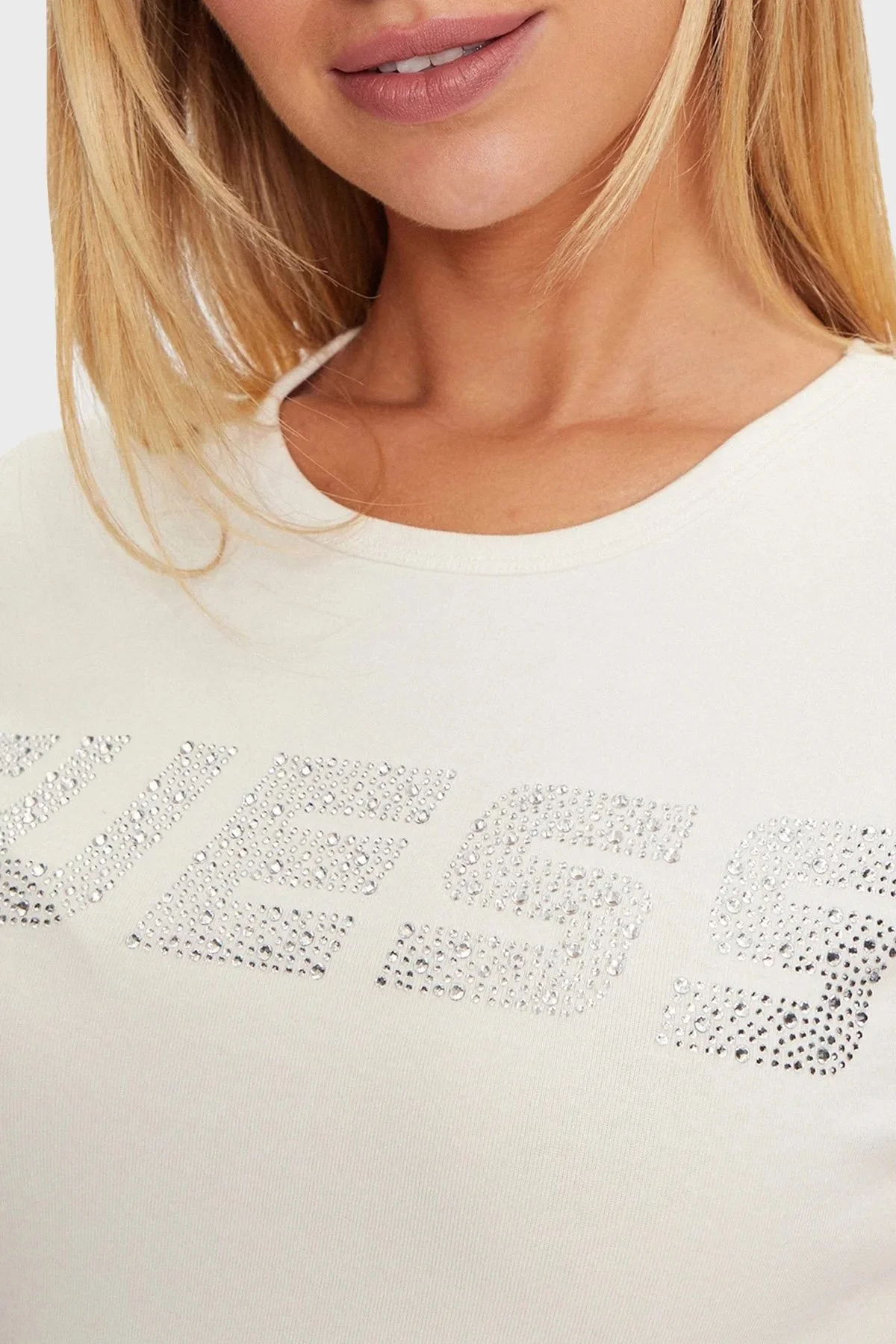 Guess Kiara Streç Pamuklu Slim Fit Taşlı Logolu V4BI16KCIV1 Bayan T Shirt V4BI16 KCIV1 G6K5 EKRU - 10