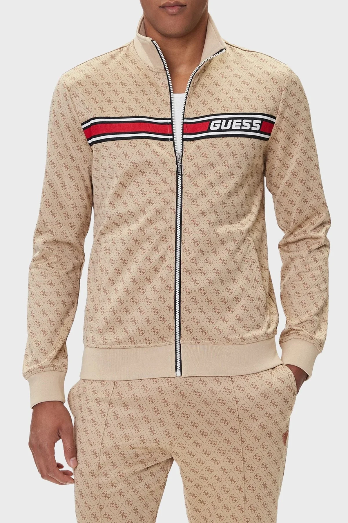 Guess Korbin Pamuklu Jakarlı Logo Baskılı Regular Fit Dik Yaka Z2BQ06K7122 Erkek Sweat Z2BQ06 K7122 P13W BEJ - 1
