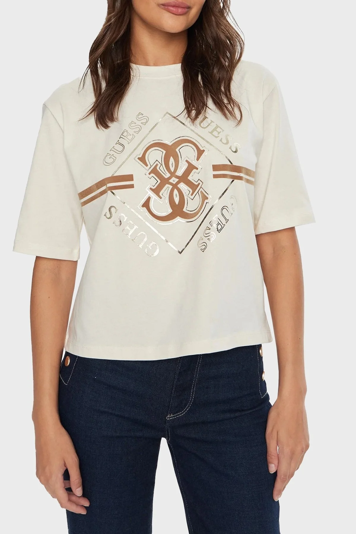 Guess Krissy % 100 Pamuk Bisiklet Yaka Regular Fit V4BI05I3Z14 Bayan T Shirt V4BI05 I3Z14 G1O6 EKRU - 6