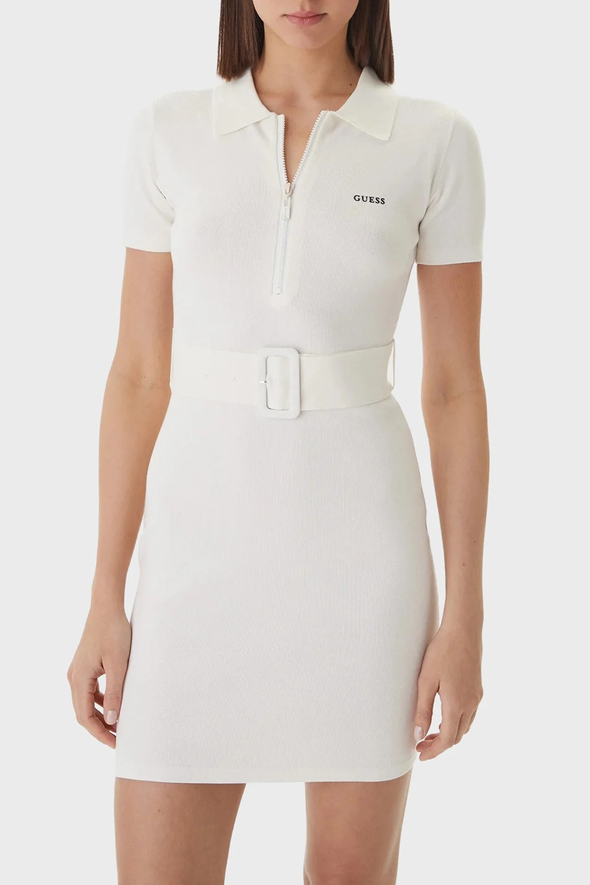 Guess Laurene Slim Fit Kemer Detaylı Fermuarlı Polo Yaka Triko V6RK08Z4642 Bayan Elbise V6RK08 Z4642 G018 KREM - 1